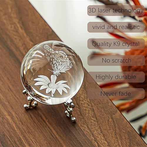 Miniatura 3 de HDCRYSTALGIFTS Figura de flor de mariposa de cristal láser 3D pisapapeles decorativo con soporte de floración chapado en plata esfera de cristal