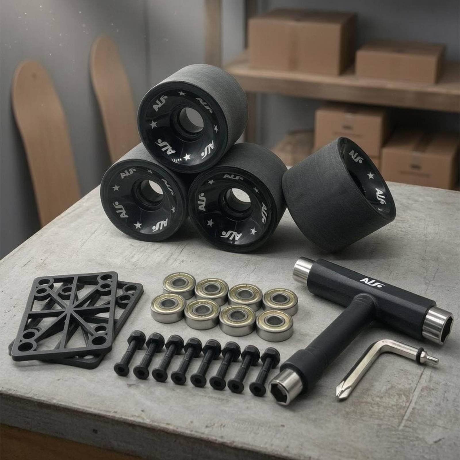 Ensemble Roues de Skateboard Longboard Pack Roues Roulements Quincaillerie Outils en Polyuréthane pour Confort Constant Réponse Vive Longévité Adapté, Noir