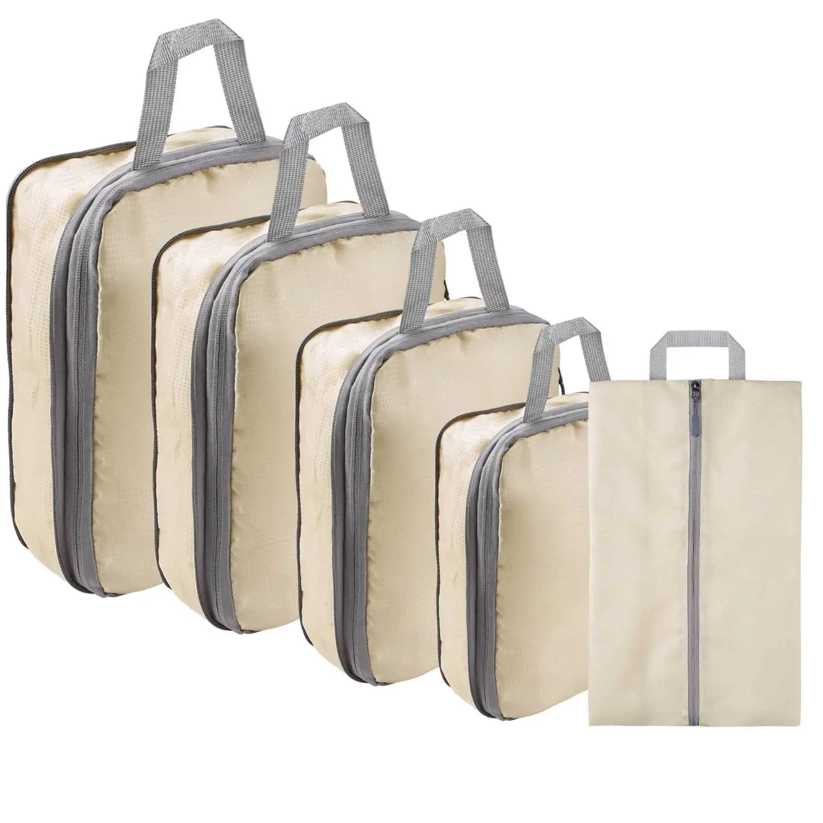 5pc Set Compression Packing Cubes Extensible Waterproof Organizer Bags for Travel Suitcase Clothing Luggage Sorting W/Shoe Bag for Suitcases(Beige)