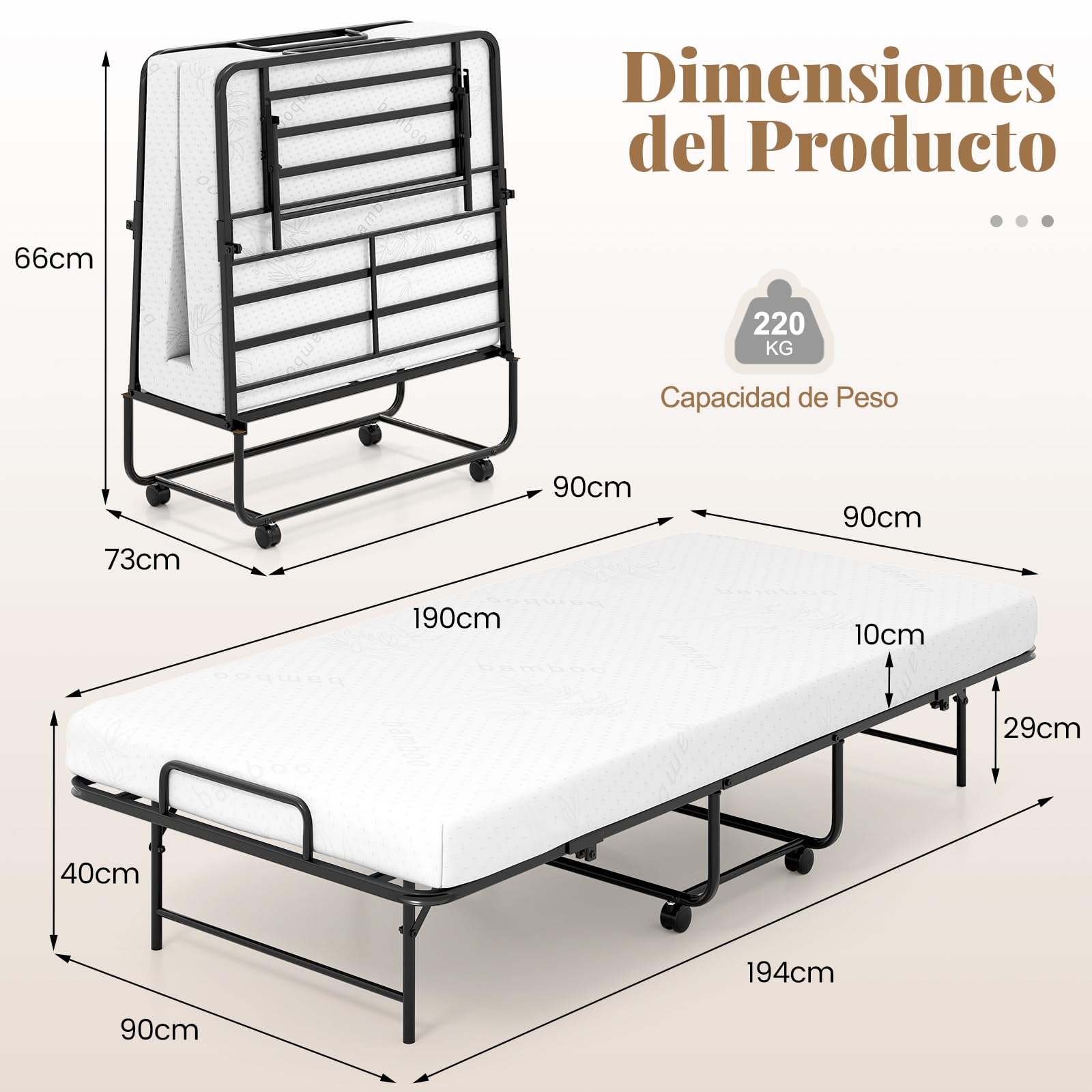 COSTWAY Cama Plegable con Colchón 90X190 cm, Cama Supletoria Plegable con 4 Ruedas, Estructura Metálica, Cama Individual Adultos y Niños Invidados, Carga 220kg