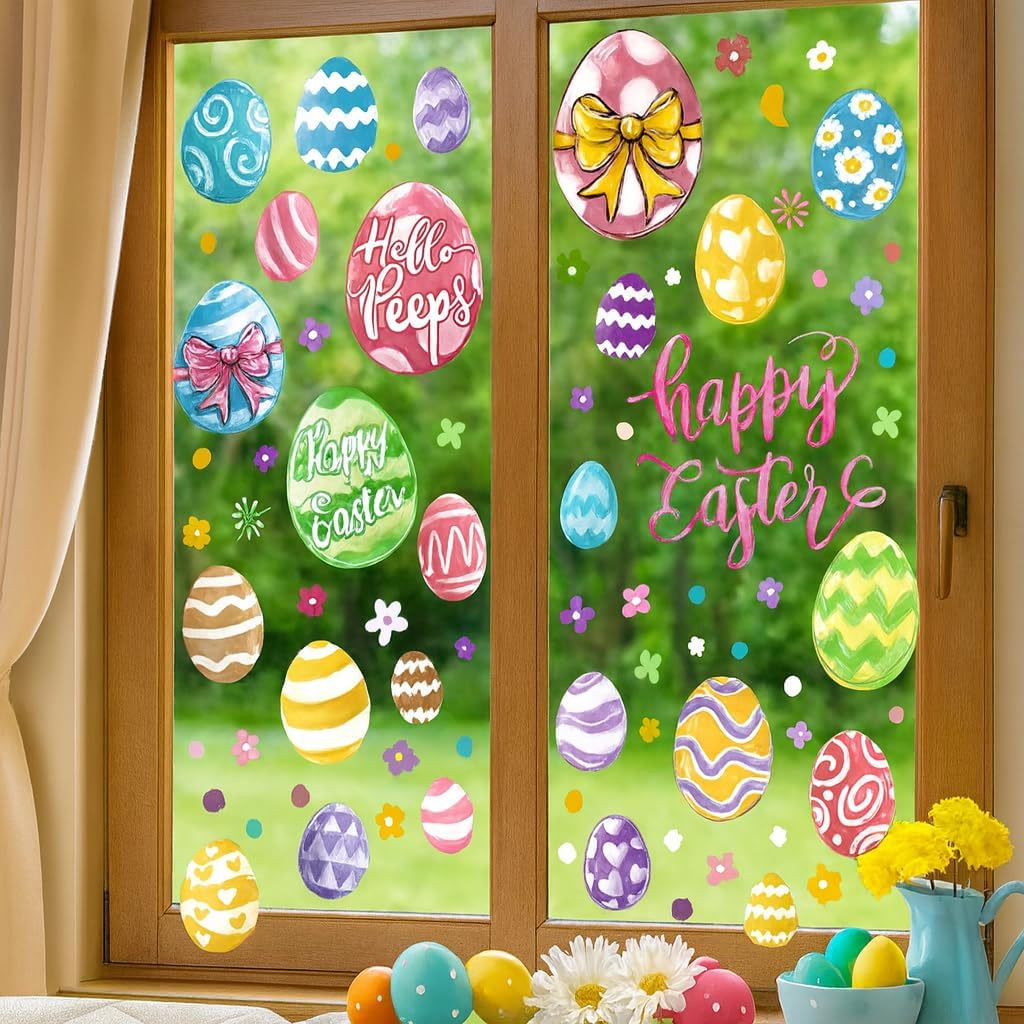 Easter Egg Window Clings 96 Pcs, 6 Sheets Colorful Oil Painting Style Eggs Stickers for Glass Windows Doors Home School Office Decor