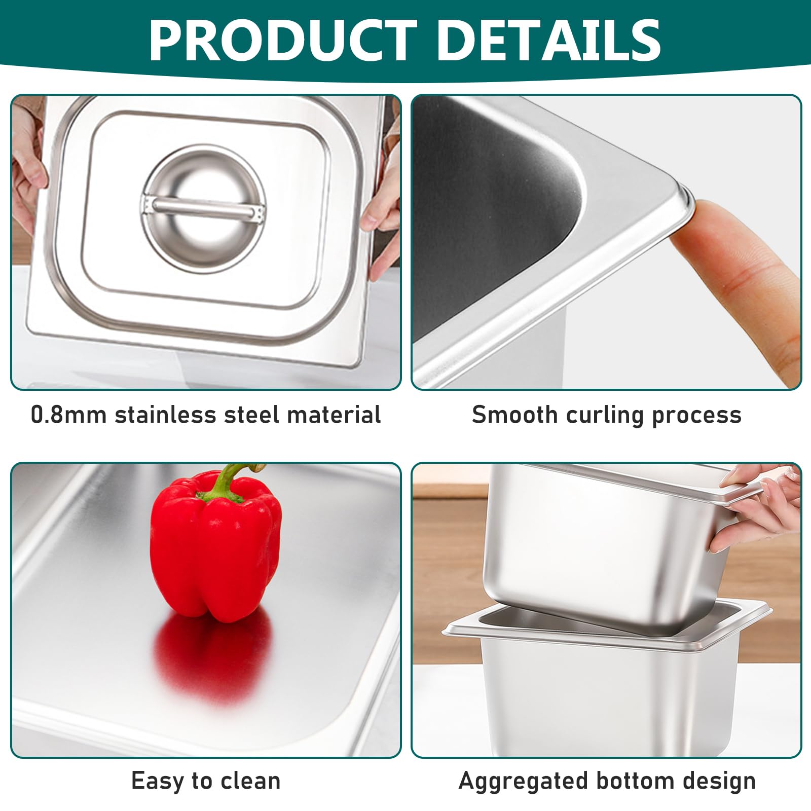 Juego de 3 recipientes gastronorm de acero inoxidable con tapa, bandeja para empanar rectangular para la cocina, apilable, tamaño 1/6, 17,5 x 16,5 x 10 cm, sartenes profundas con tapa