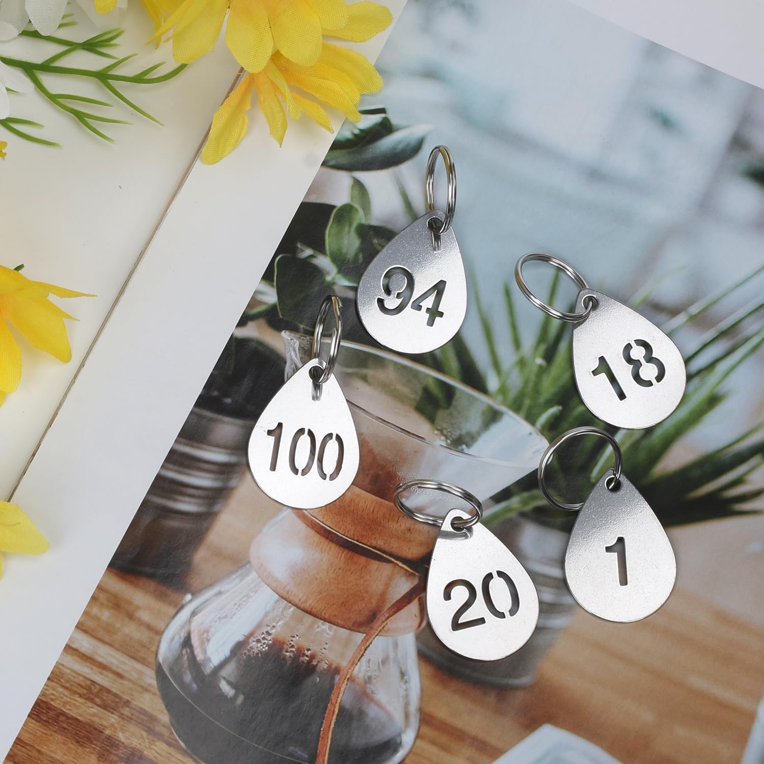 Hollowed Number Tags with Rings, Water Drop Shape 304 Stainless Steel Key ID Labels - 1-100