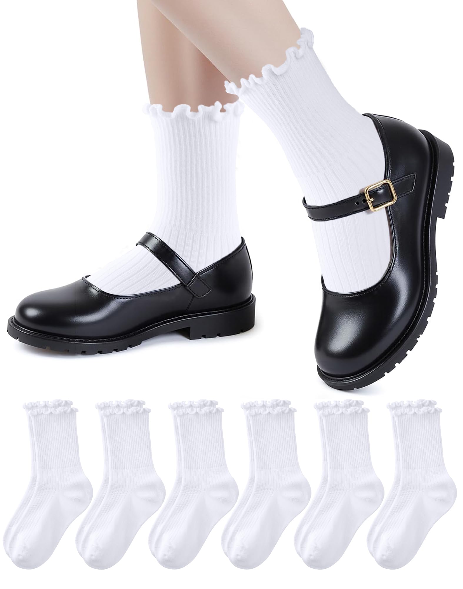 HONGTEYA6 Pairs Girls White Ruffle Socks School Uniform Dress Socks for Kids Seamless Crew Ankle Cotton Size 4-14 Years