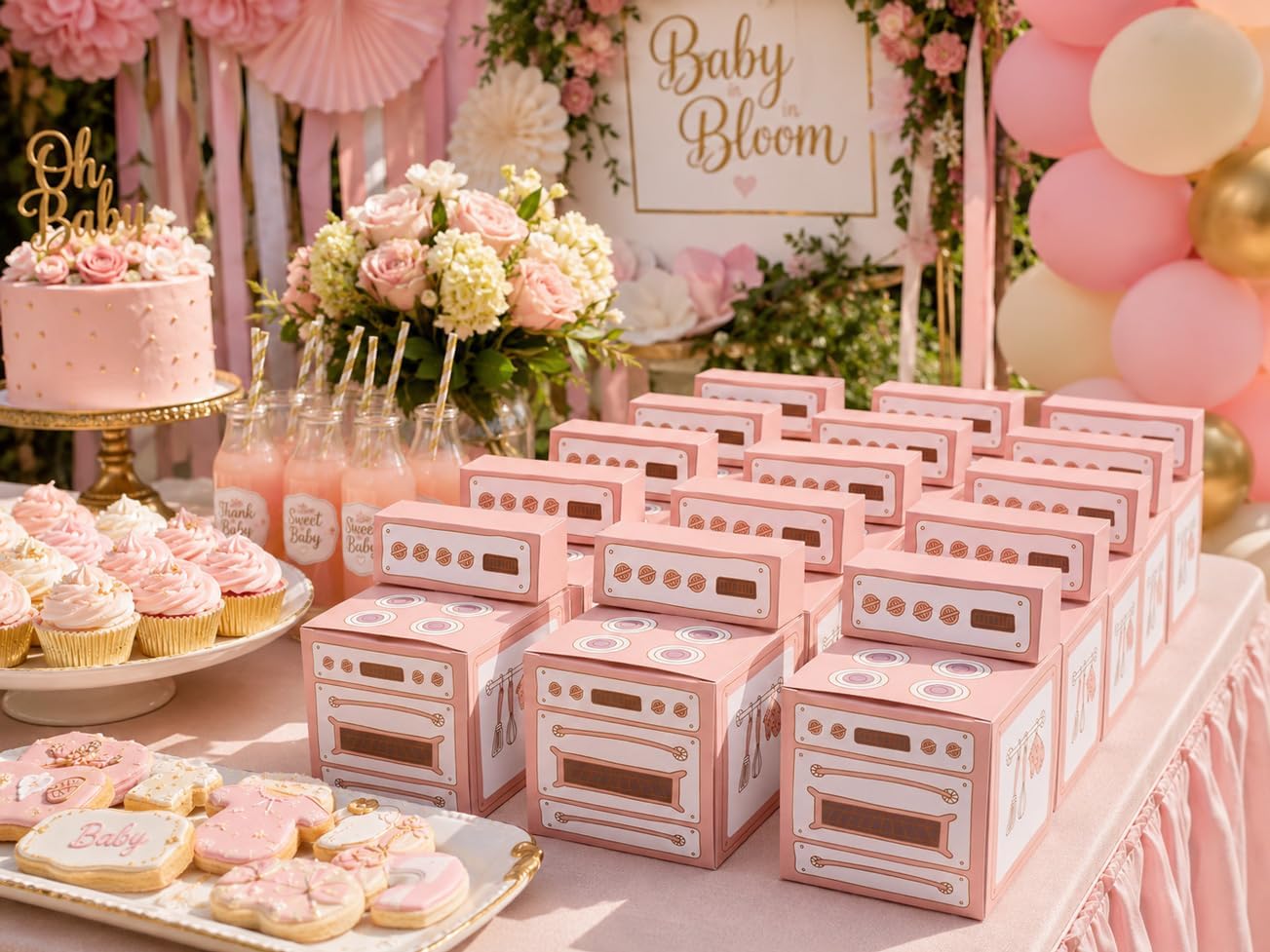 Zealax Pastel Pink Bun in the Oven Cupcake Boxes for Baby Shower Party Favor Boxes, Individual Bakery Paper Box Holder with Inserts, 10 Count