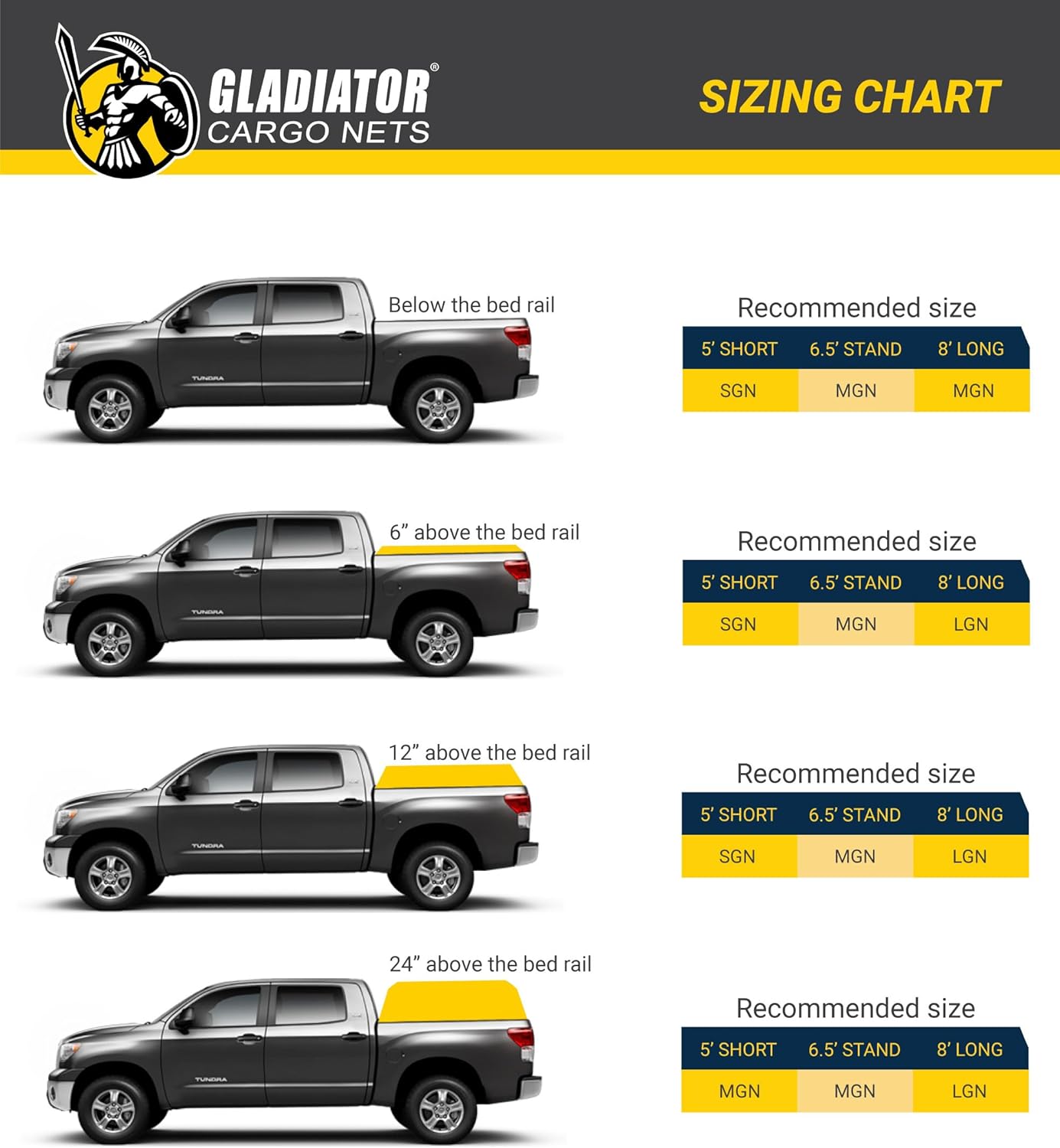 GLADIATOR CARGO NETS - Heavy Duty Cargo Net-(WLL): 1,500 lbs - TruckAccessory - Cargo Carrier - Truck Organizer -Truck Bed Cover-Trailer-Pickup-Boat-Jeep-SUV-5ft Bed (SGN-100) 4.75' x 6' ft. - Image 7