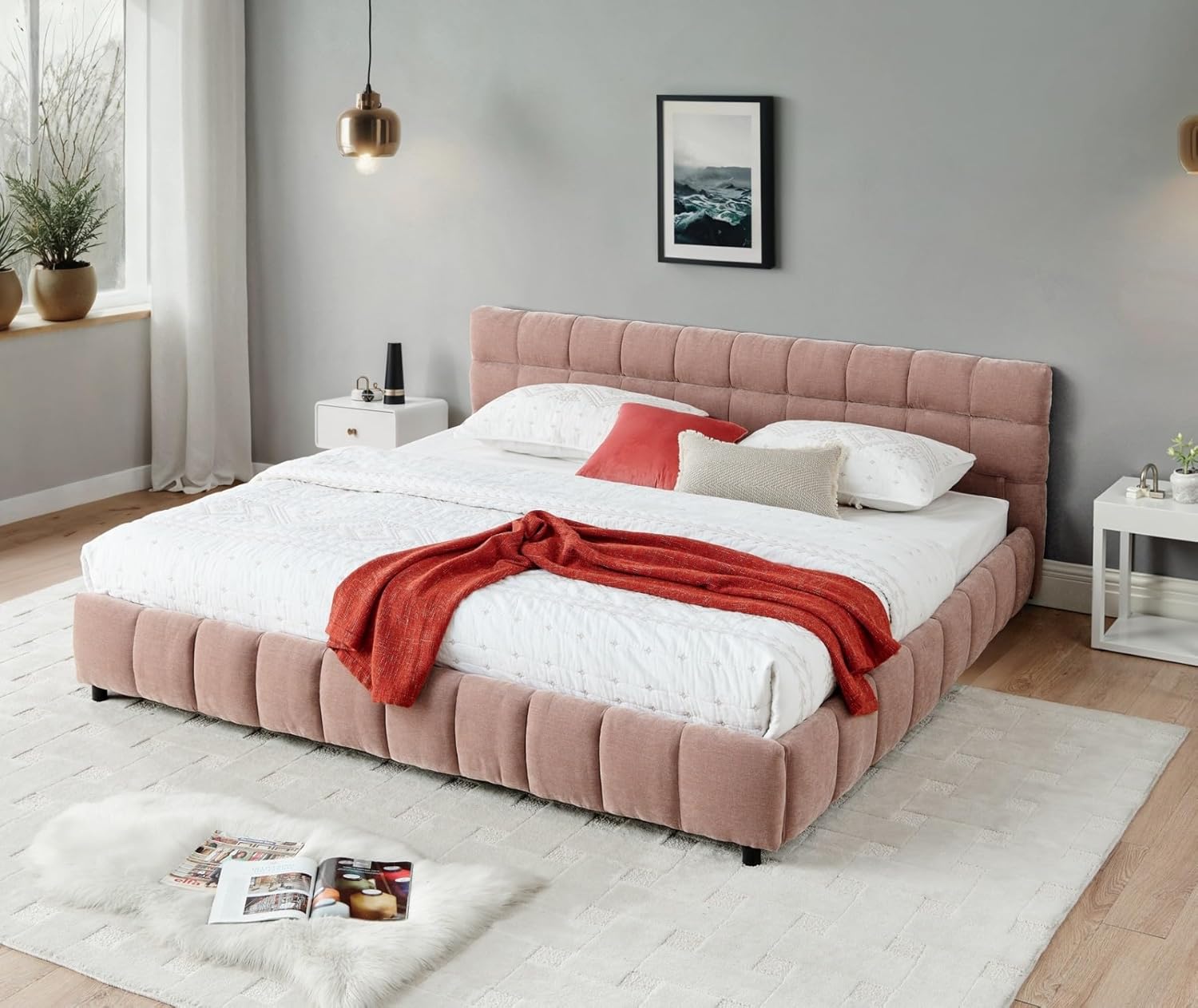 KEIKI King Thick Chenille Bed Frame with 4 Storage Drawer & Upholstered Tufted Headboard, Modern Solid Wood Floor Platform for Bedroom, No Box Spring Needed