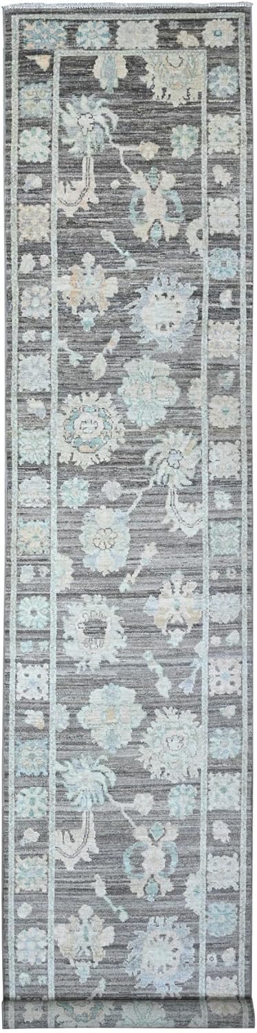 Gray Soft Pile Afghan Wool Hand Knotted Angora Oushak Runner Oriental Rug (3'x15'7")