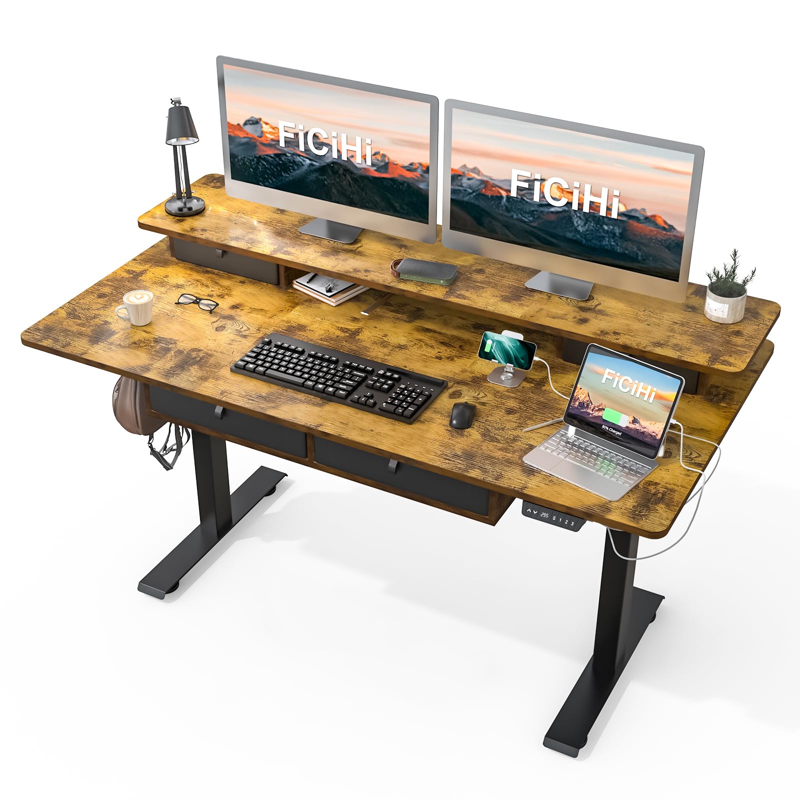 FiCiHi Adjustable Height Standing Desk with 4 Drawers,63 x 30 inches Electric Sit Stand Home Office Desk with Two Tiers, 3 Memory Presets, Monitor
