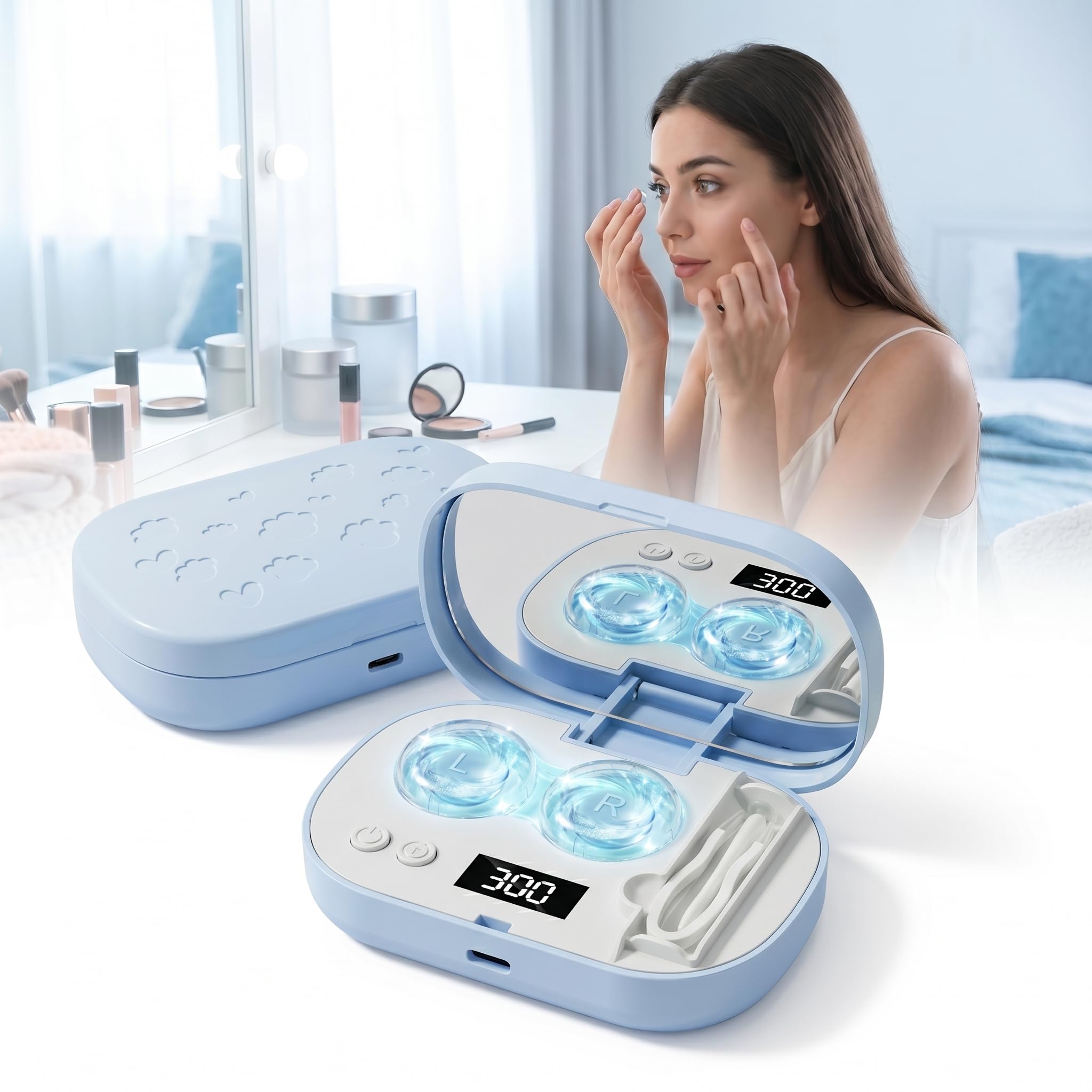 JERN Ultrasonic Contact Lens Cleaner Case with LED Display, USB Type-C Rechargeable Lens Cleaning Machine, Portable Contact Lens Washer with Mirror, Tweezers and Lens Applicator, 5 Timer Modes for Deep Cleaning (Blue, 1)-image-14