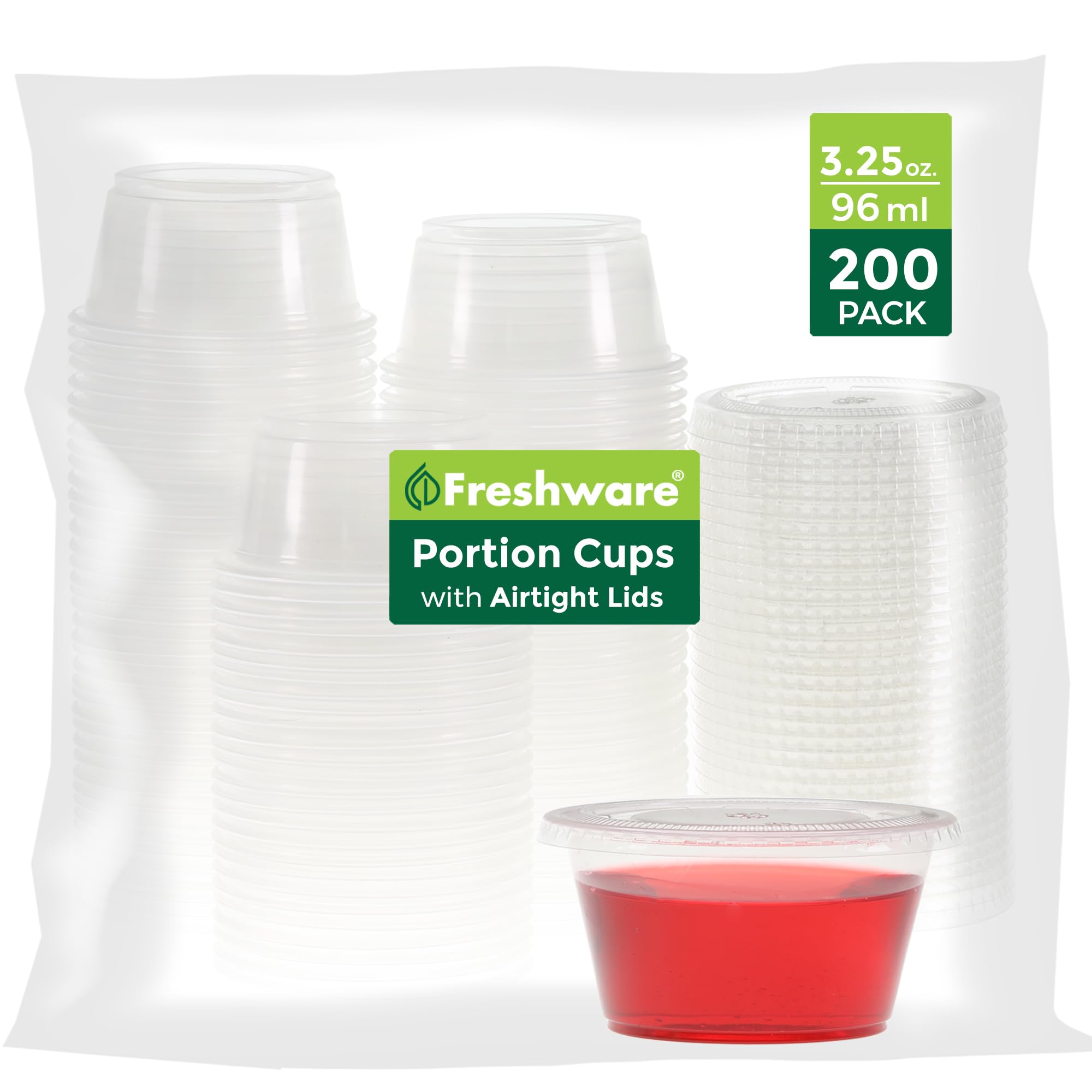 Freshware Plastic Portion Cups with Lids [3.25 Ounce, 200 Sets] Disposable Plastic Cups for Meal Prep, Salad Dressing, Jellos Shot Cups, Souffle Cups, Condiment and Dipping Sauce Cups