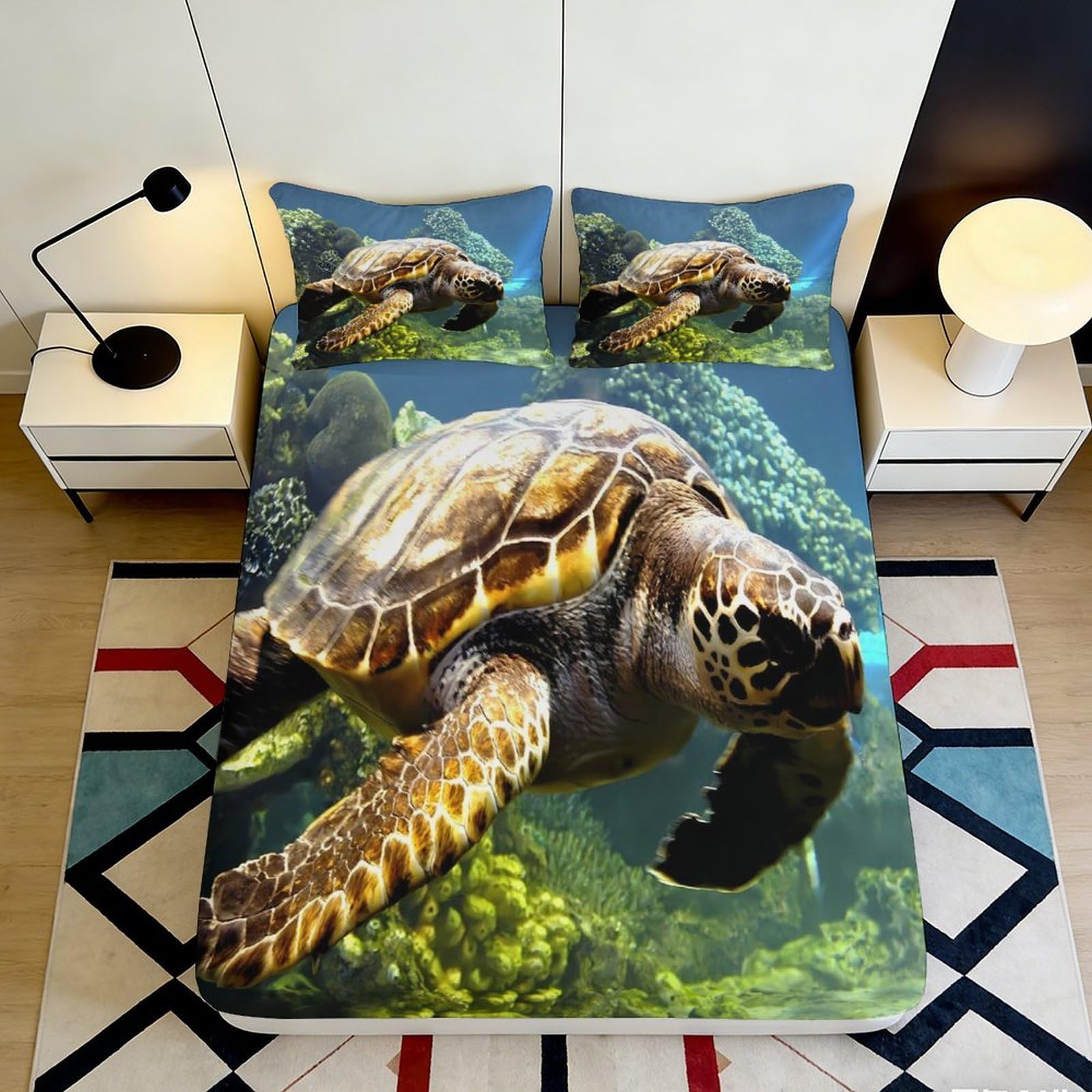 3D Printed Sea Turtle Fitted Sheet Microfiber Soft Breathable Underwater Life Bed Cover for Bedroom Dormitory Guest Room Mattress Protection Decor 140x200x25cm