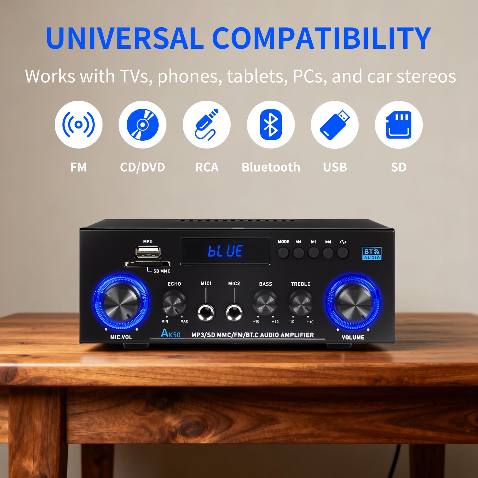 Amplificador de Audio Estéreo 2.0 Canales con Bluetooth 5.3, Radio FM y Micrófono - 1000W Pico (50W+50W RMS), Control de Graves/Agudos, Compatible con TV, Smartphone, Coche, PC y Karaoke