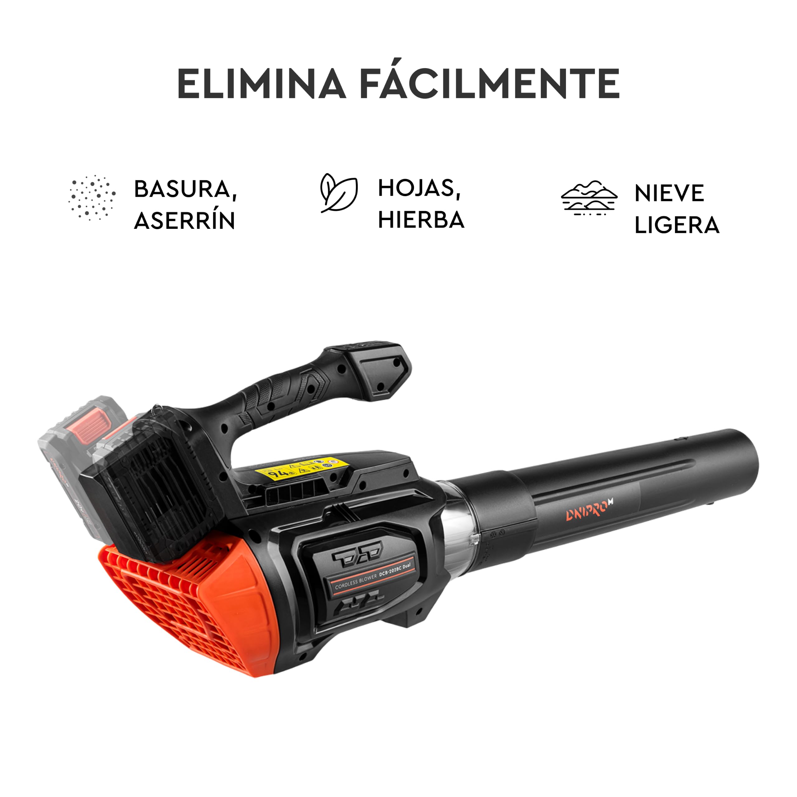 Soplador de Hojas Inalámbrico DCB-202BC Dual - Limpieza Potente Kit con 2 Baterías 2 Ah y Cargador, Motor Brushless, 1020 m³/h, 240 km/h, 4 Velocidades + Turbo - Jardín, Patio y Garaje - por Dnipro-M
