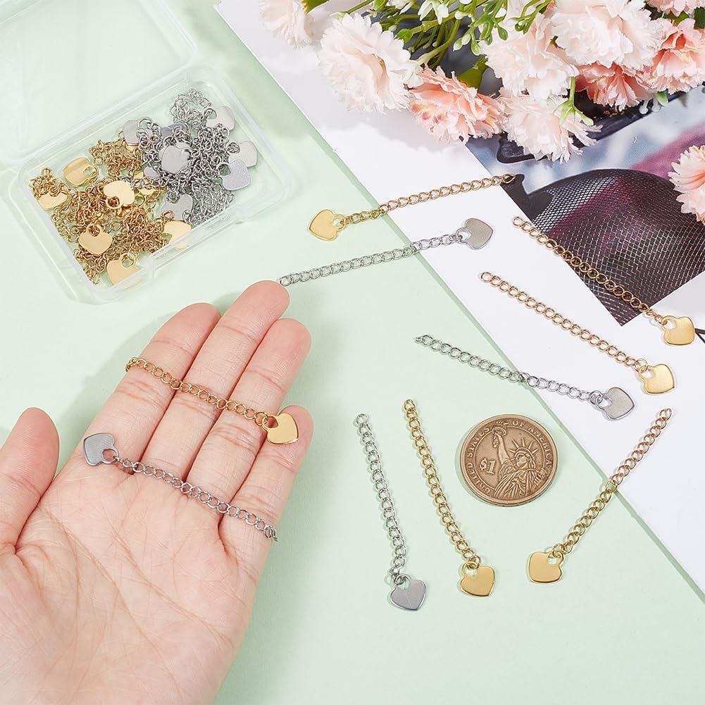 UNICRAFTALE 40Pcs 2 Colors Stainless Steel Curb Chain Extension End Chains with Heart Charms Chain Tabs Necklace Bracelet Extension Chain Anklet Extenders for DIY Jewelry Making 59~65mm - Image 4