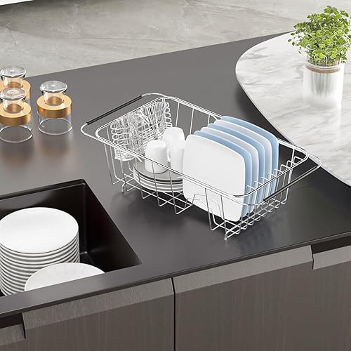 Vista 5 de JAQ Small Dish Drying Rack in Sink Adjustable 14.25" to 20.55", Expandable 304 Stainless Steel Metal Dish Drainer Rack Organizer with Stainless