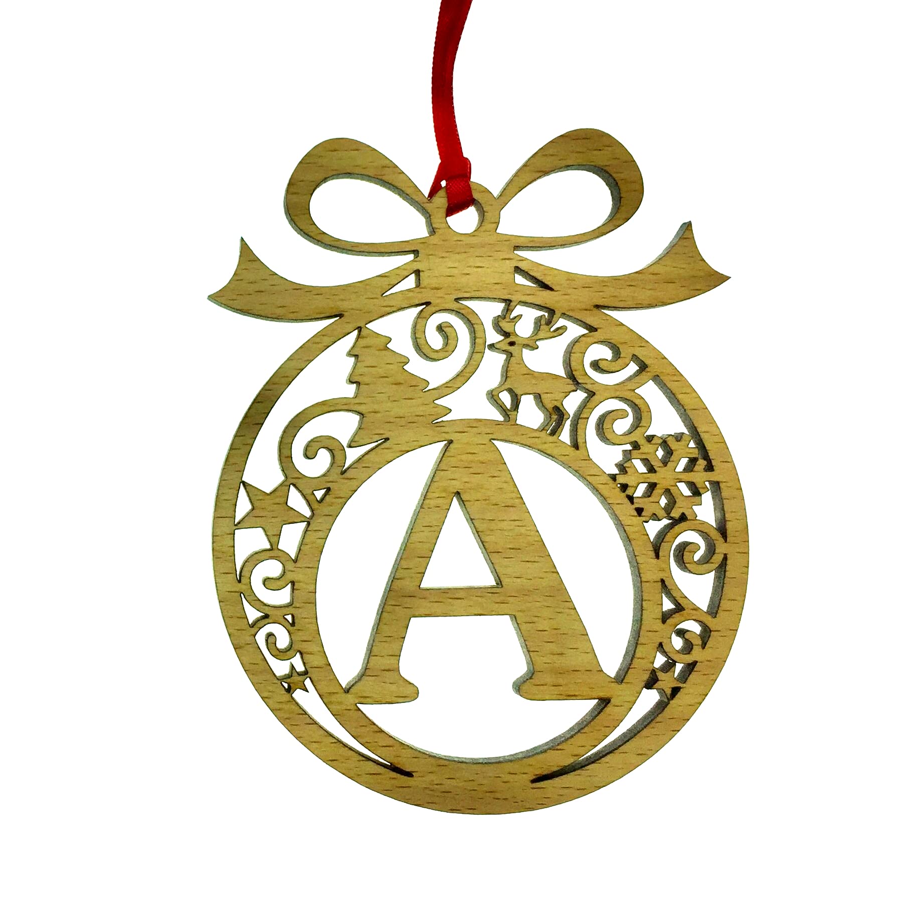 Personalised Christmas tree bauble decoration pendant ornament: Letter A, Natural Wood, Small