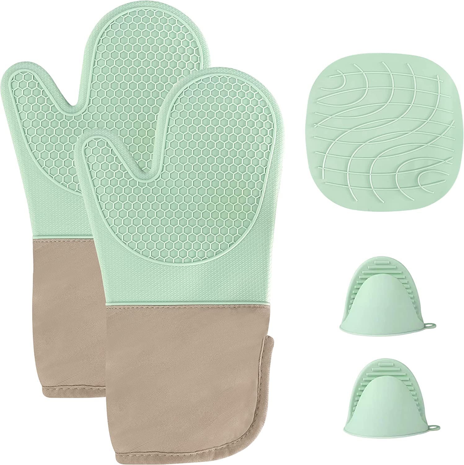 5Pack Extra Long Oven Mitts and Pot Holders Sets, Heat Resistant Silicone Oven Mittens, Oven Gloves Sets with Soft Lining Good Grip, Hot Pads for Kitchen Baking Cooking, Aqua Green