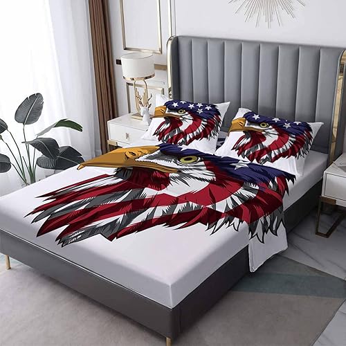NIYAKA Juego de sábanas de tamaño King con bolsillo profundo Juego de ropa de cama de 4 piezas Colecciones de sábanas de águila de estrellas y