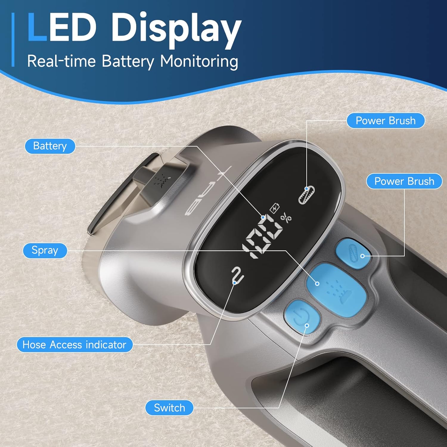 LED digital display showing battery level and control buttons on the TAB carpet cleaner