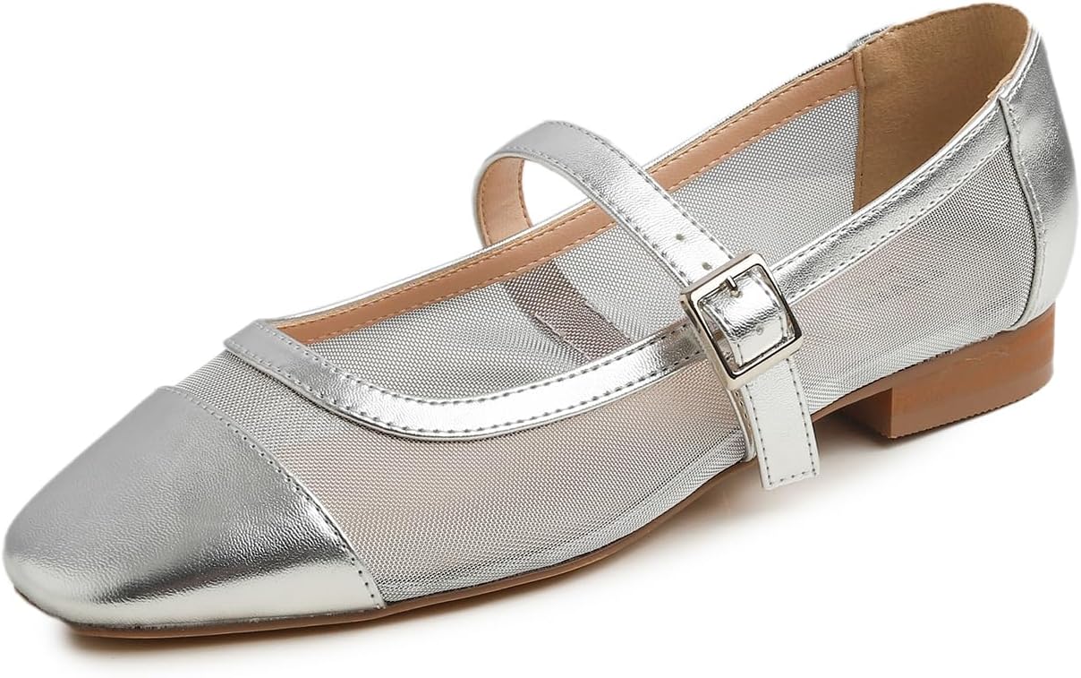 Sq Maryjane Silver Mesh Stack Heel