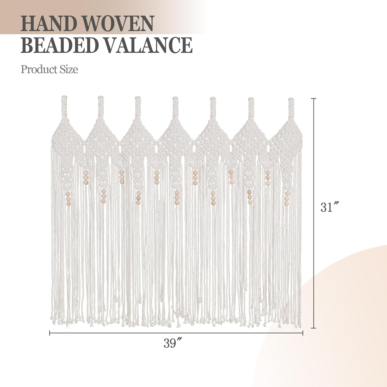 Boho Valance Macrame Curtains for Windows 31" W x 39" L Beaded Macrame Curtains for Doorway & Kichen, Large Wall Hanging Home Decor, Window Treament Room Divider Tapestry Wedding Backdrop, 1 Panel