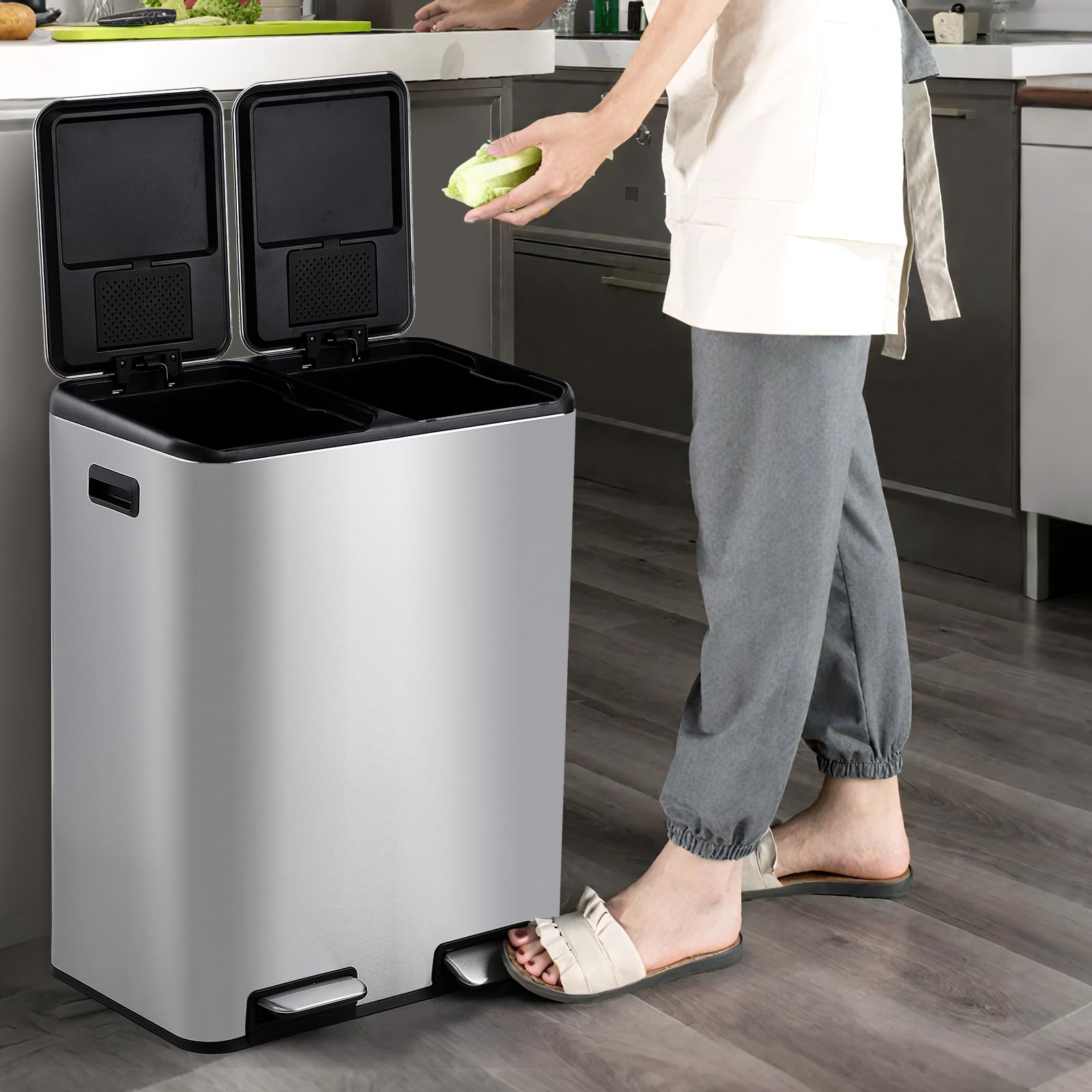 60L Mülleimer Küche – 2 x 30L Edelstahl Tretmülleimer mit Doppeldeckel – Mülltrennungssystem, Soft-Close, geräuscharm & berührungsfrei, für Abfall & Recycling im Haushalt, 60L 2*30L double bin kitchen