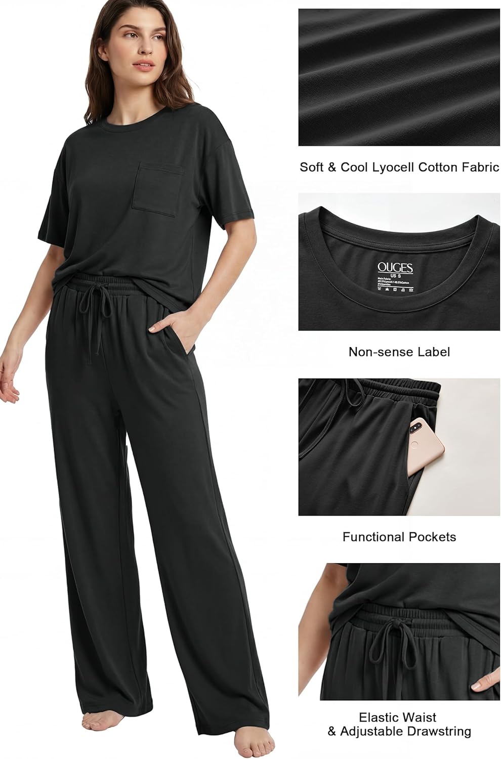 OUGES Women's Lyocell Cotton Pajamas Sets 2 Piece Relaxed Pjs Short Sleeve Top Drawstring Pants Loungewear with Pockets