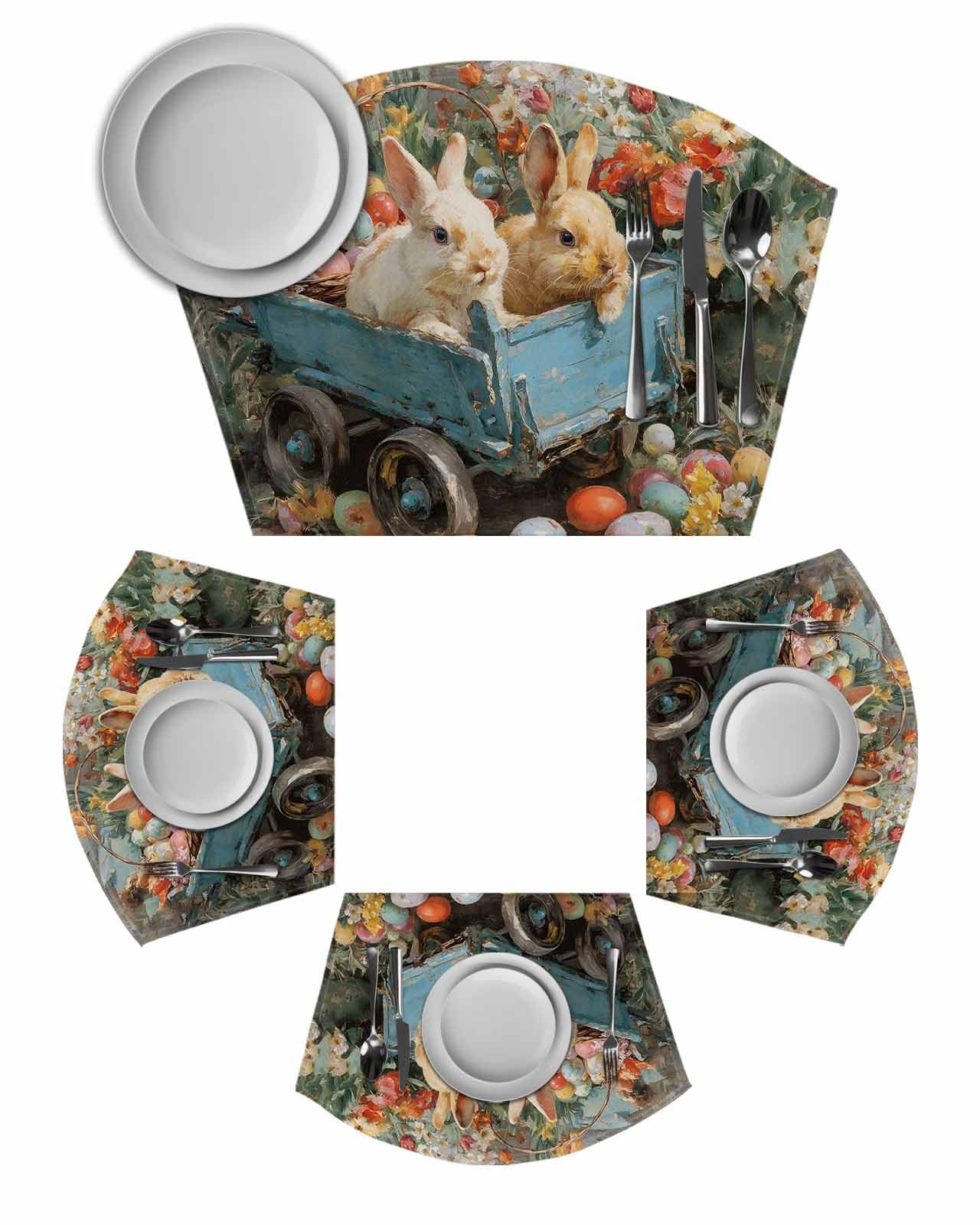 Easter Bunny Round Placemats Set of 4, Rabbits Spring Flowers Eggs Country Vintage Placemats for Round Dining Table Shape Wedge Placemat for Outdoor Indoor Wipeable Clean Table Place Mats