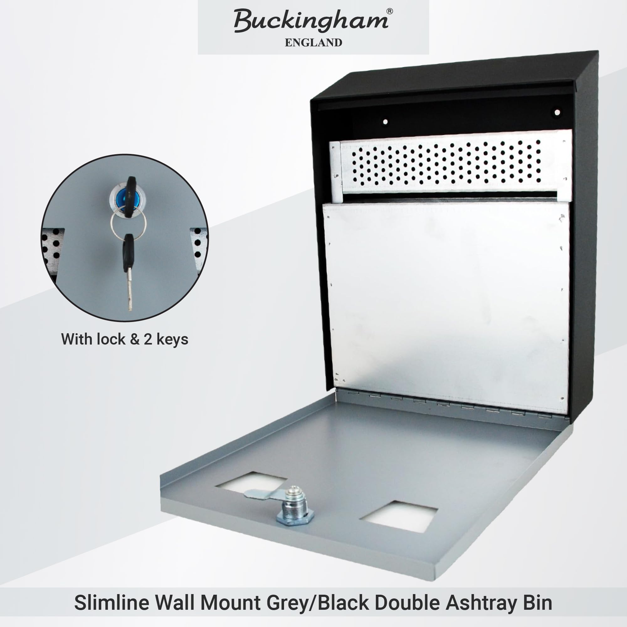 Buckingham – Montado en la Pared al Aire Libre Papelera de Cigarrillo, Acero, Gris/Negro, 26 x 8,2 x 32 cm