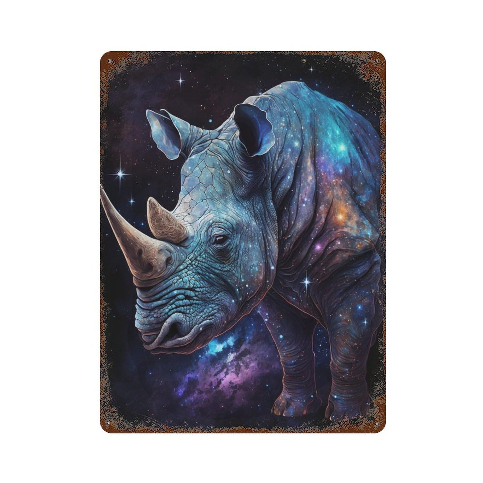 Rust Effect Galactic Rhino Cosmic Art Print Weathered Tin Sign 15.7"x11.8", Retro Wall Decor for Garage, Bar And Workshop Decor