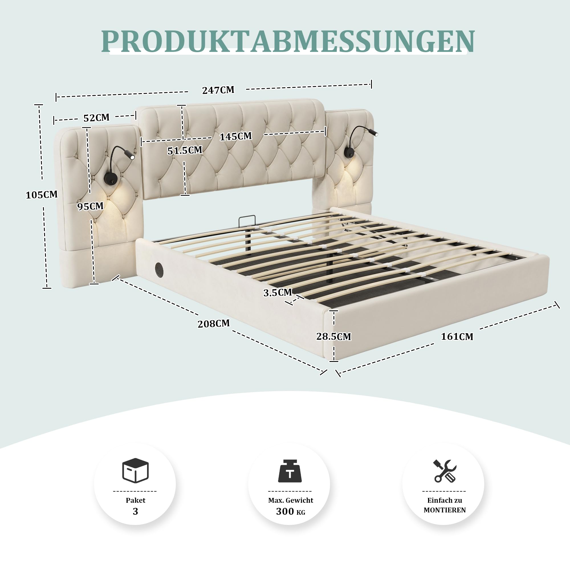 Estructura de cama con cabecero largo, 160 x 200 cm, material de terciopelo moderno, varios puertos USB, lámpara de escritorio, sistema hidráulico, espacio de almacenamiento extra grande, color