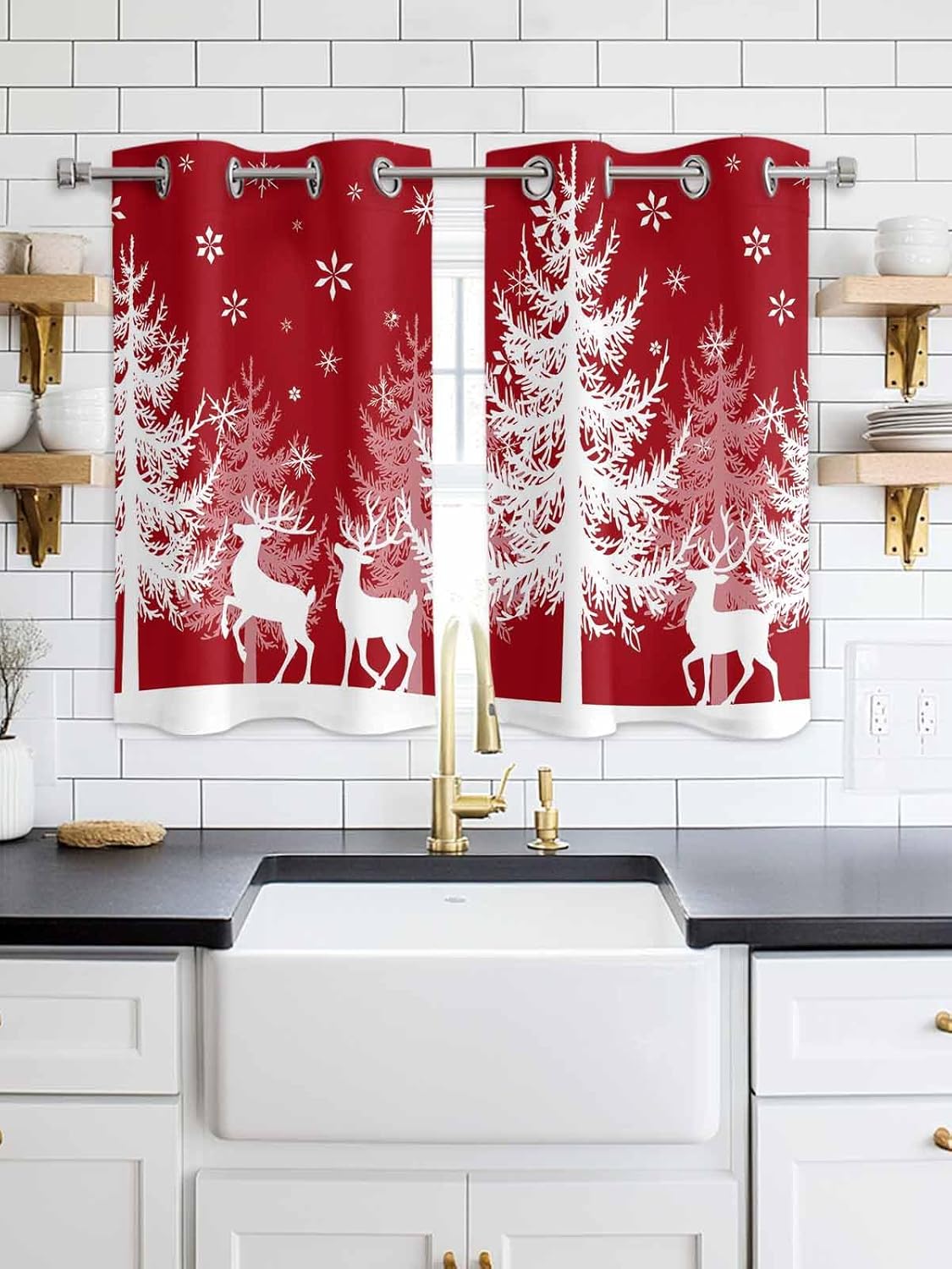 Grommet Top Window Curtains, Christmas Winter Snowflake Tree Elk Red Durable Light Blocking Windows Drapes for Kitchen/Bedroom/Living Room, Window Treatments Curtain Set of 2 Panels 27.5x39 In