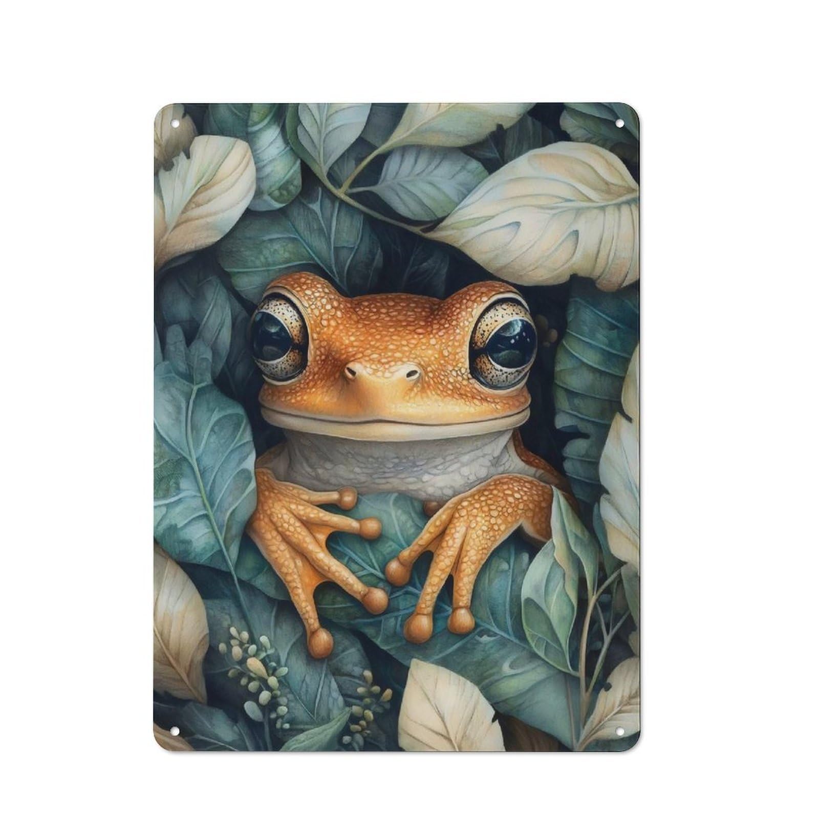 Junmoney Frog In Leaves Printed Metal Sign 40X30cm For Hobby Room Or Studio, For Creative Interior Collectors