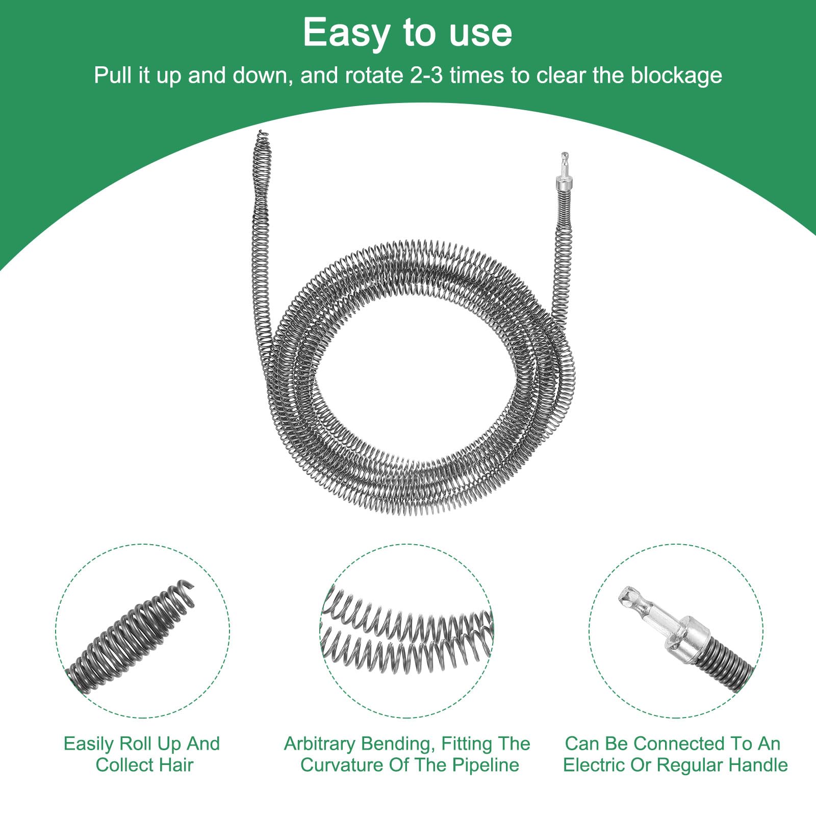 uxcell 1 cavo a molla per rimuovere gli intasamenti dello scarico, 5 m, 16 mm di spessore, cavo a molla con connettore per trapano elettrico, serpente idraulico per lavello da cucina, vasca da bagno e