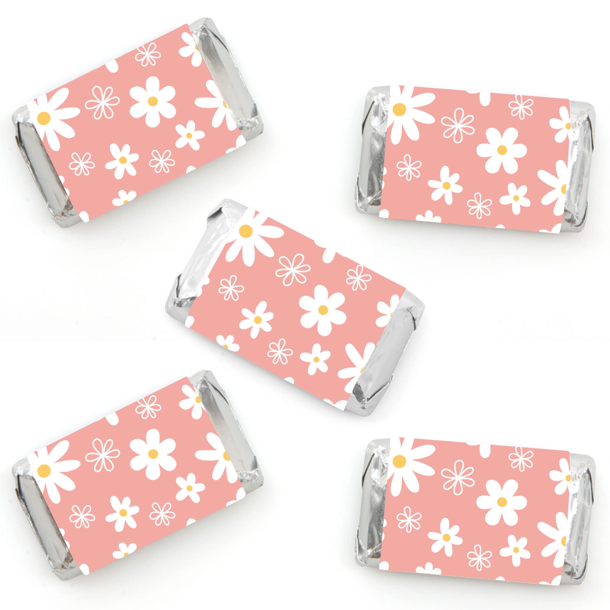 Big Dot of Happiness Pink Daisy Flowers - Mini Candy Bar Wrapper Stickers - Floral Party Small Favors - 40 Count