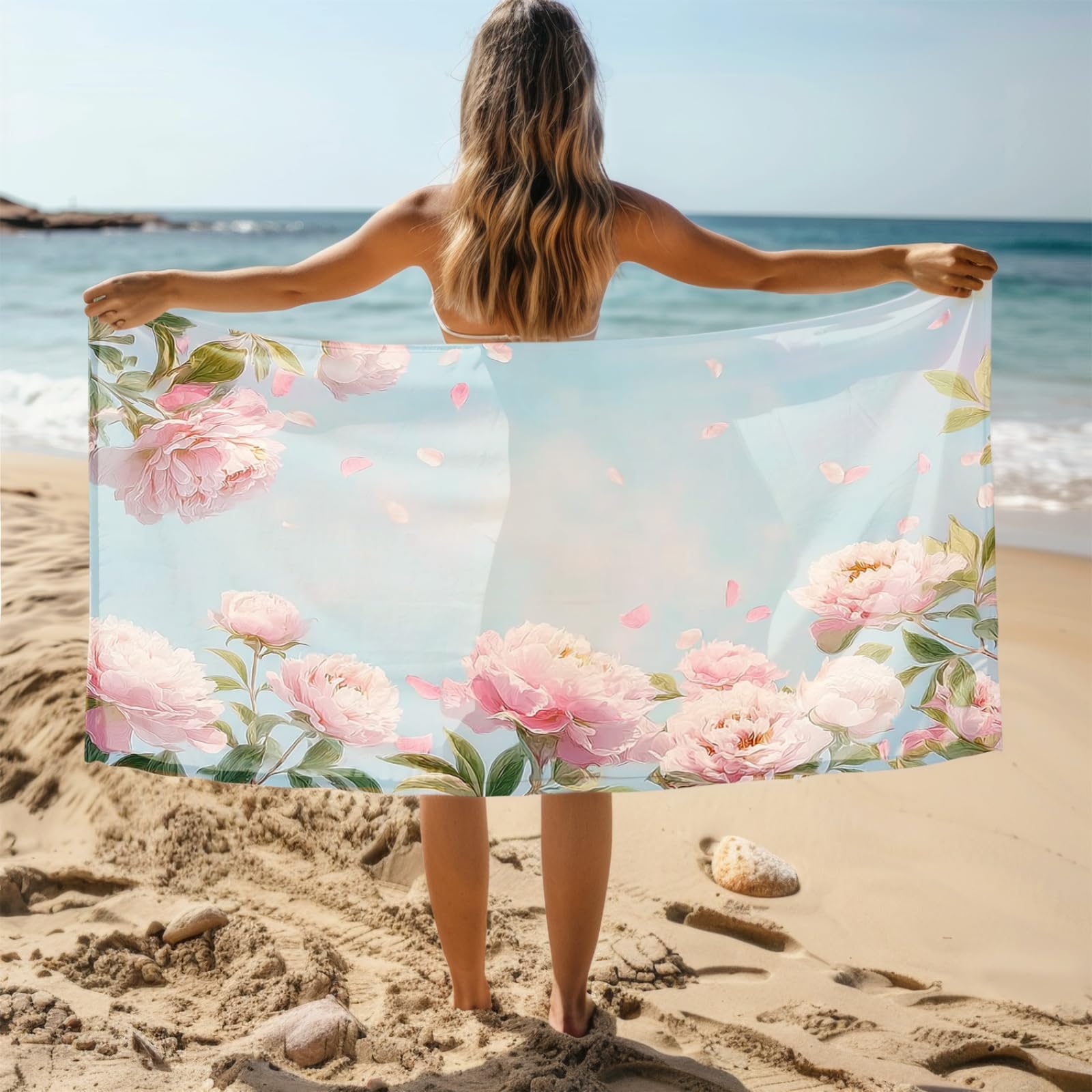 Générique Serviette de Plage XXL Fleurs Roses Bleues | Grande Taille Serviette de Plage et Douche Avec Elastique Microfibre Absorbante et Légère Sport Séchage Rapide