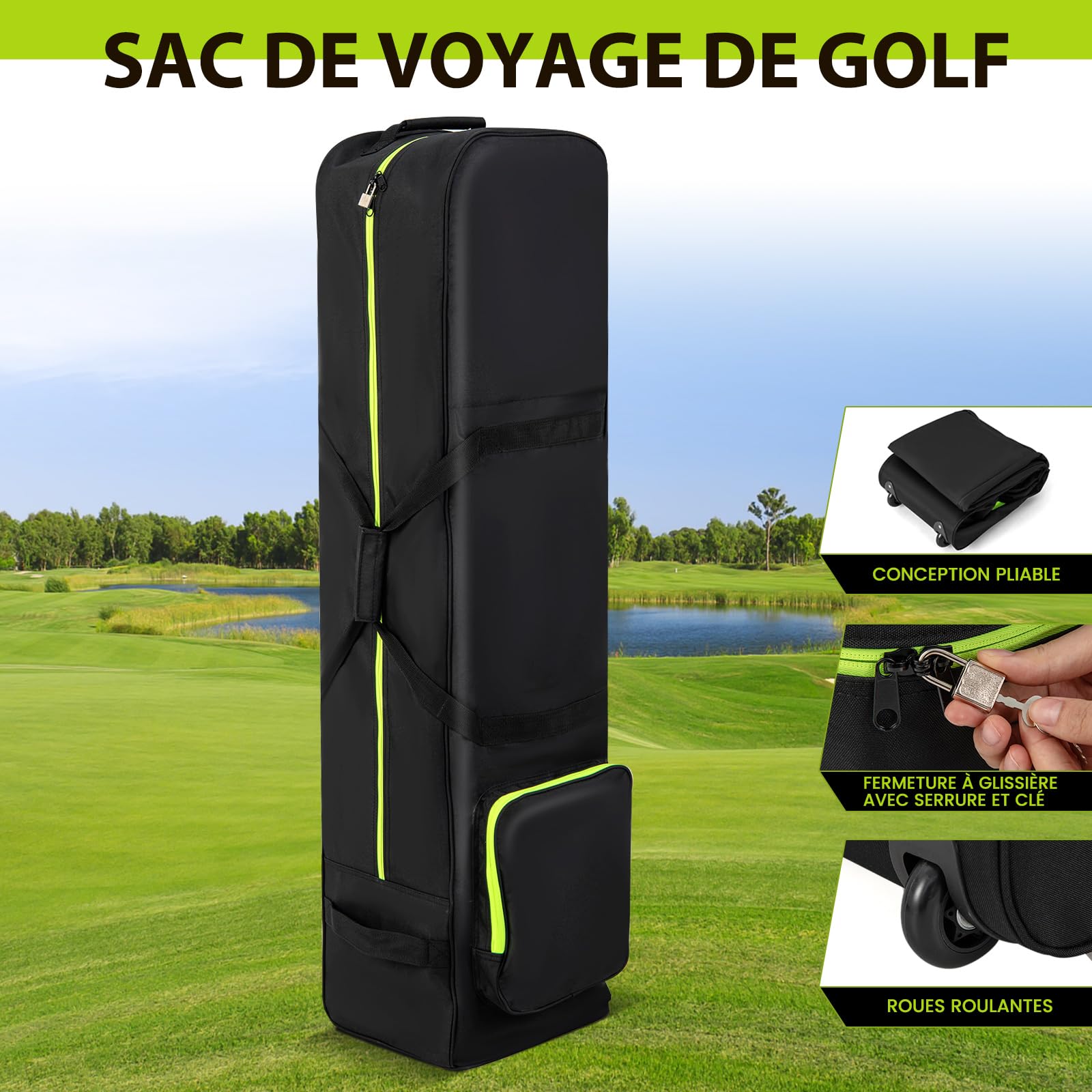 COSTWAY Sac de Golf à Côtés Souples à roulettes, Sac de Voyage en Oxford Porte-Carte de Visite Fermeture Eclair à Double Sens Verrouillage, Housses de Club de Golf Pliable