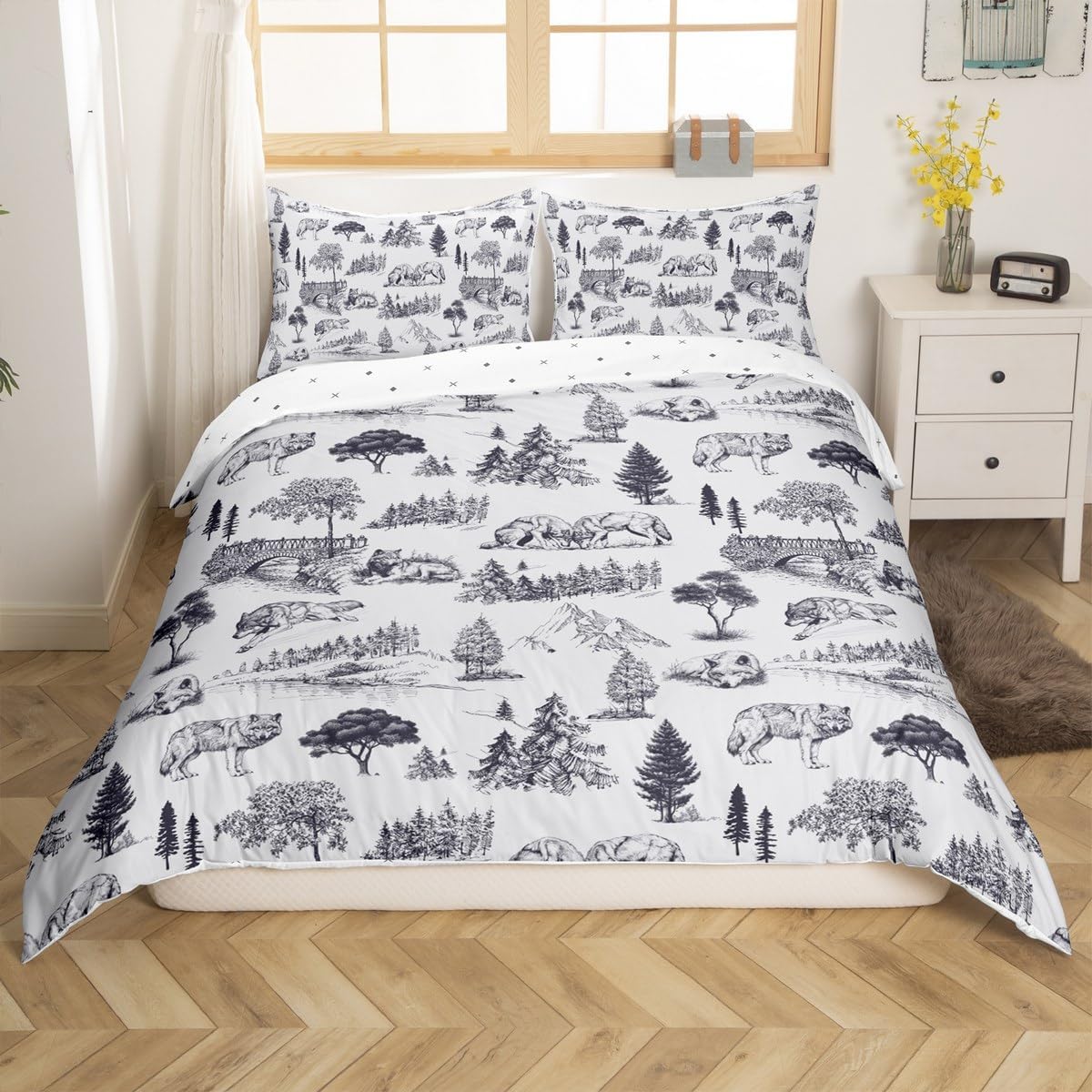 jejeloiu Kids Wolf Bedding Set Toddler Size Animal Wolves Bedding Duvet Cover Set for Boys Teens Decor Botanical Tree Comforter Cover Set Mountain Grey White Bedspread Cover 2Pcs,No Comforter