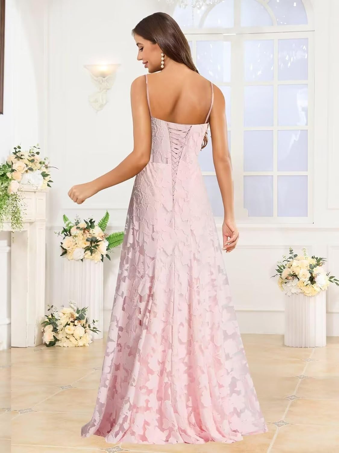 Jacquard Floral Bridesmaid Dresses for Women 2026 Spaghetti Straps Wedding Guest Dress with Slit Lace Ruffles Formal Gowns - Image 2