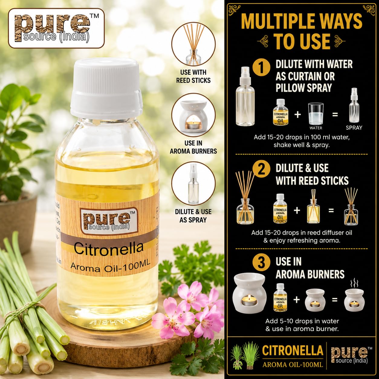 Pure Source India Citronella Aroma Oil 100ml with Dropper Bottle | Premium Fragrance Oil for Diffuser, Candle Making, Soap Making, Potpourri, Aroma Burner, DIY Crafts & Home Fragrance 3