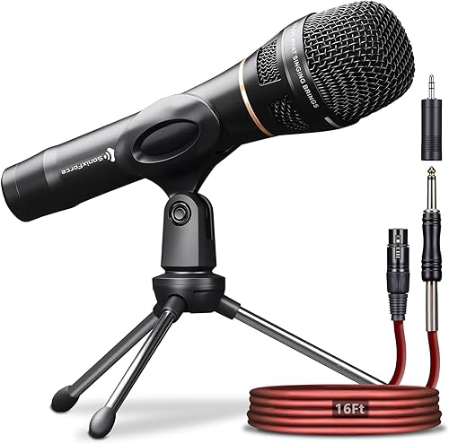 Micrófono dinámico, micrófono vocal profesional para cantar, micrófono de mano con cable XLR de 16 pies a cable de audio de 14 pulgadas, micrófono