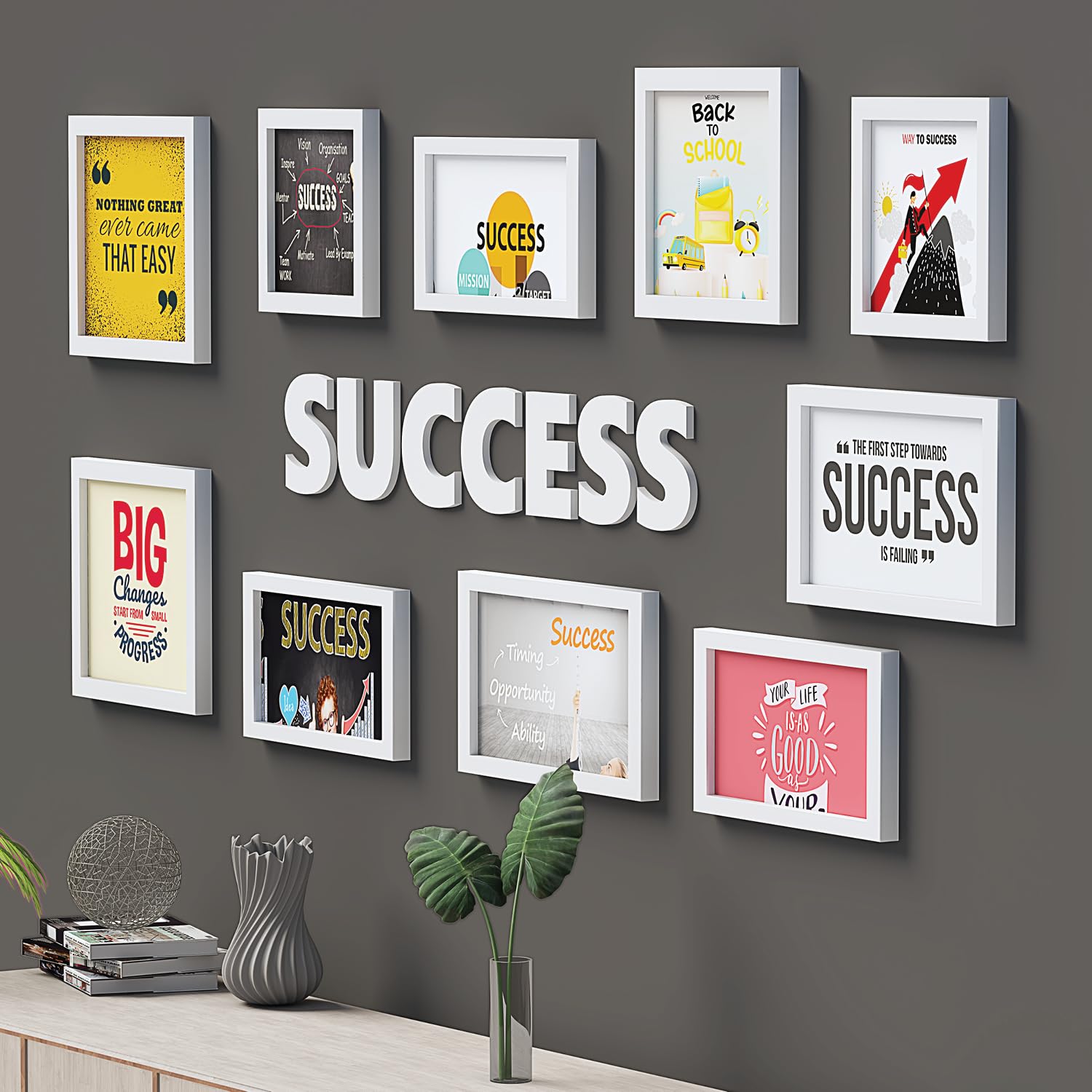 amazon basics Synthetic Photo Frames | Set of 10 | Quotes Wall Hanging Frames for Bedroom, Home, Office | Success