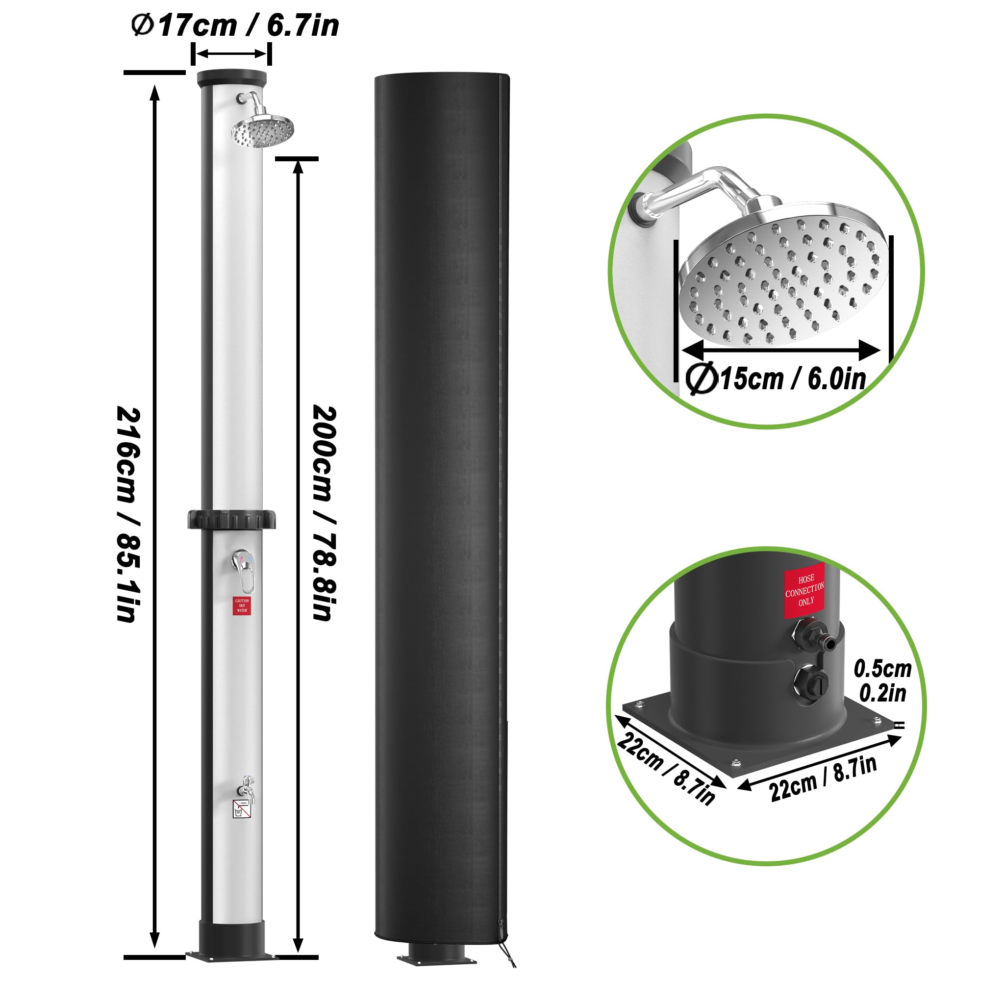 Froadp 35L Solarny System Prysznicowy do Ogrodu Temperatura Wody do 60℃ Prysznic Solarny z Obracającą się o 180° Głowicą Deszczową i Podłączenie Węża Ogrodowego Prysznic Basenowy (Srebrny+Czarny)