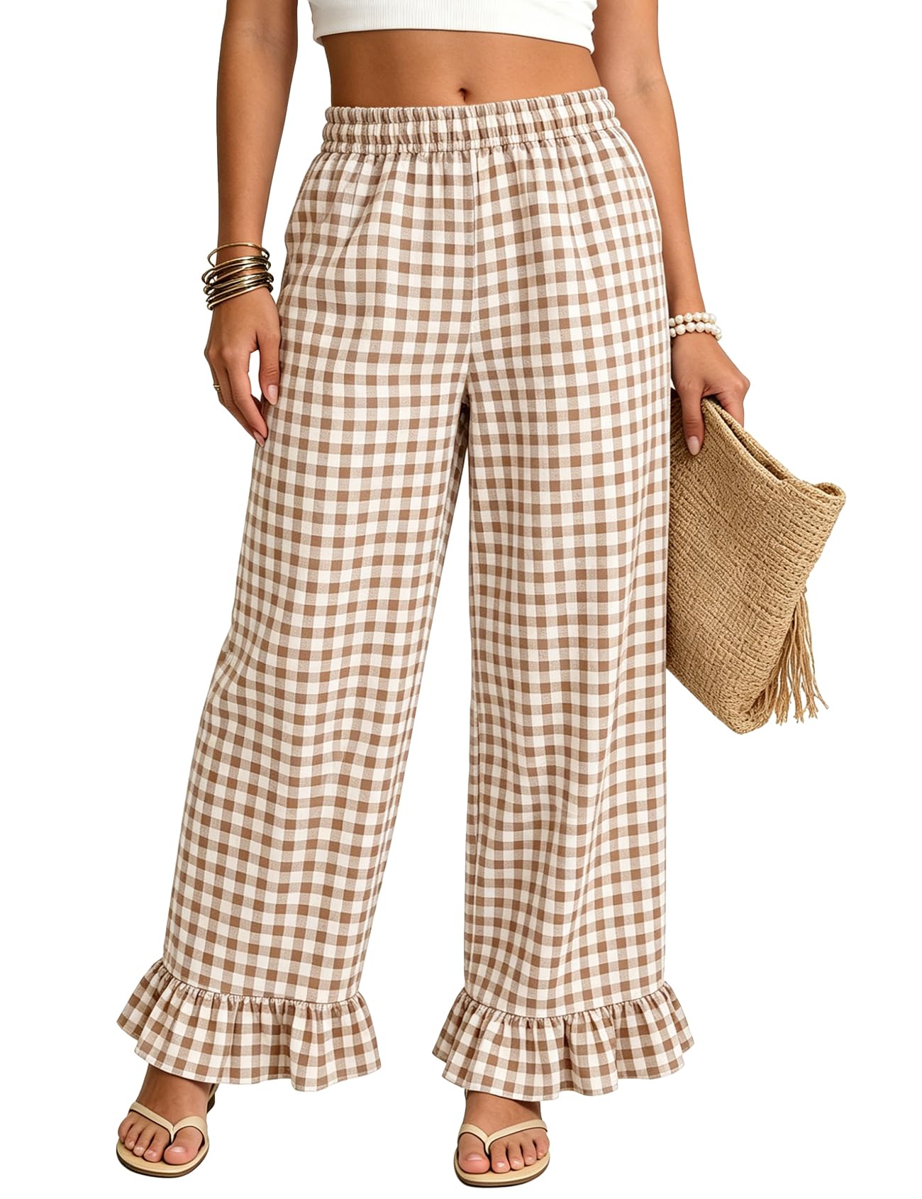 Flygo Y2K Damenhose mit Vichy-Muster, Baumwolle, weites Bein, Rüschensaum, Loungehose, kariert, elastisch, gewaschen, mit Taschen
