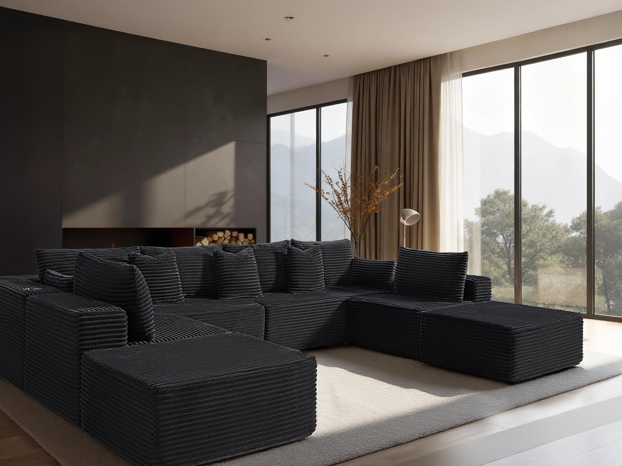 138" Cloud Sectional Couch, Comfort U Shaped Sofa for Living Room, Extra Deep Seats No Assembly, Minimalist Modular Couch, Corduroy (Black, 8 Seats,U-Shape A)