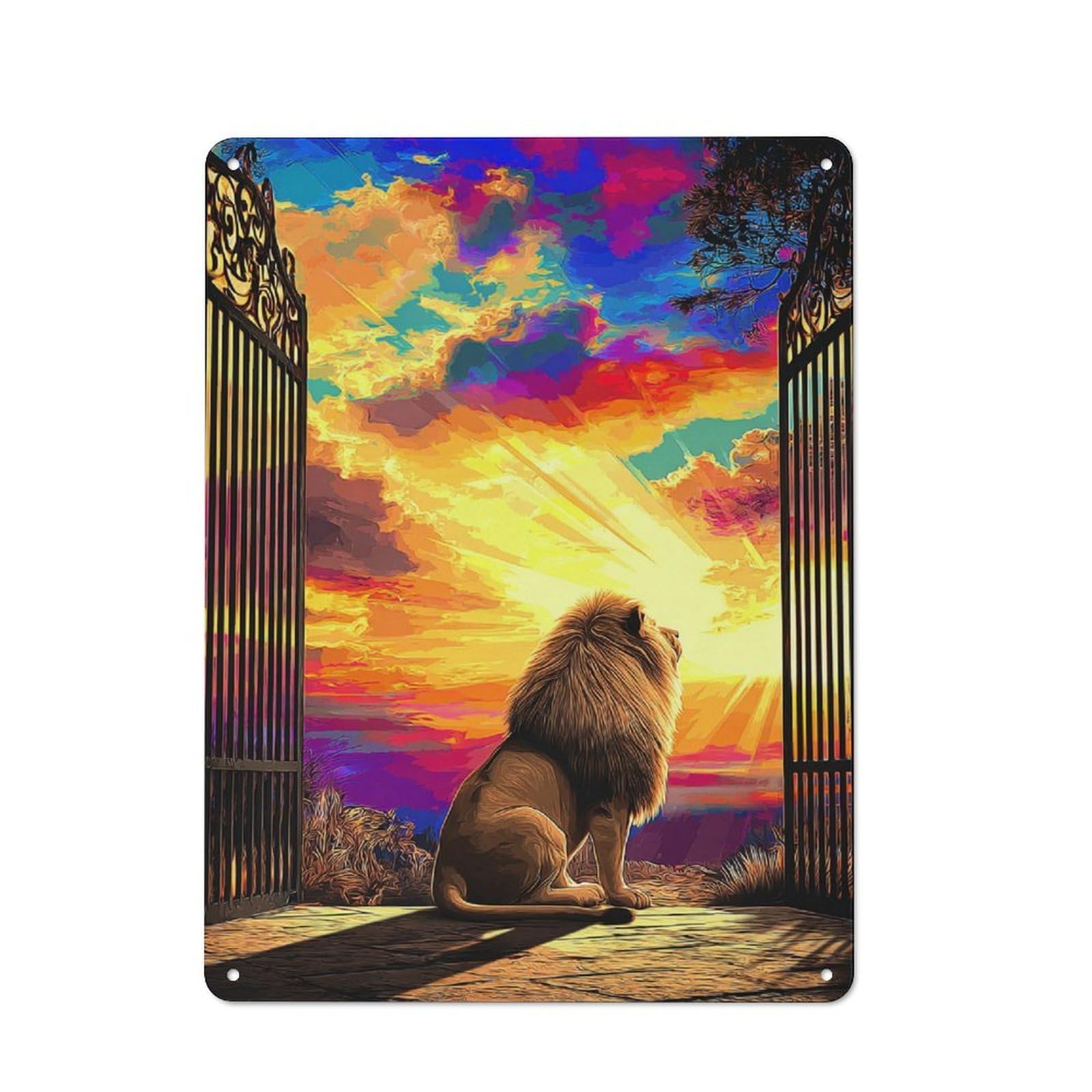 Junmoney Lion At Sunset Gate Rustic Metal Plaque 40X30cm For Studio Or Craft Room, Housewarming Present For People Styling Studio And Craft Room