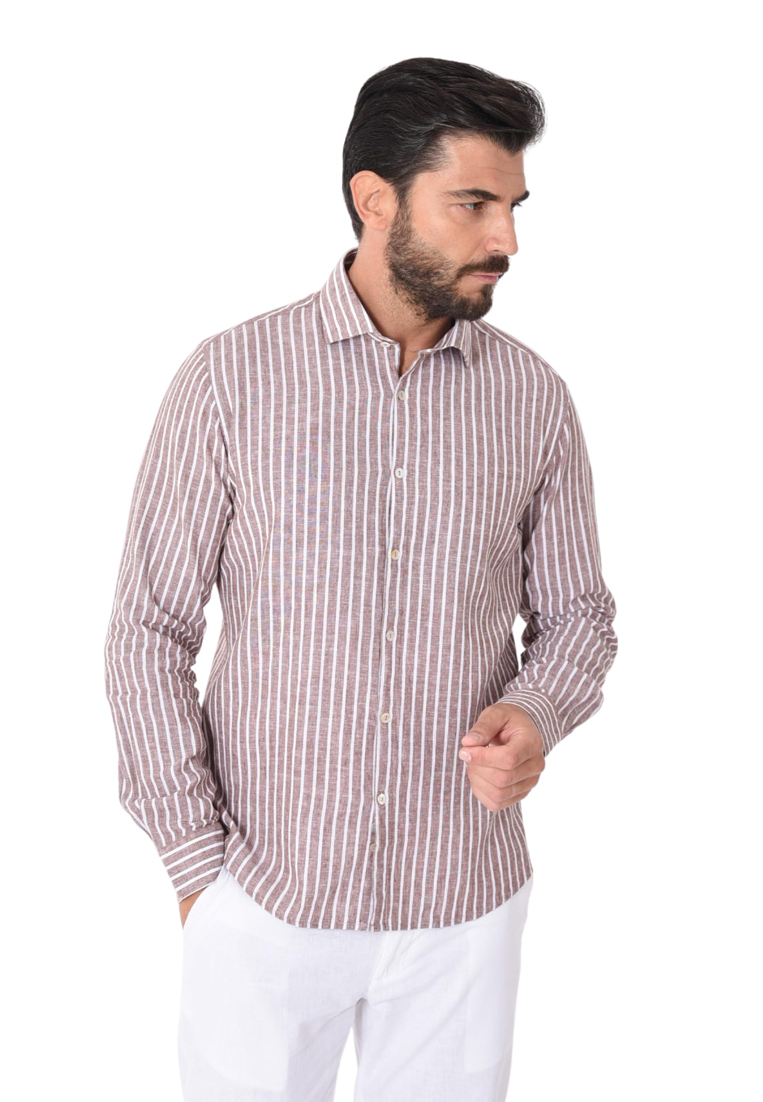 Camicia Lino Uomo Estiva a Righe Bianche Camicia Elegante Collo Francese