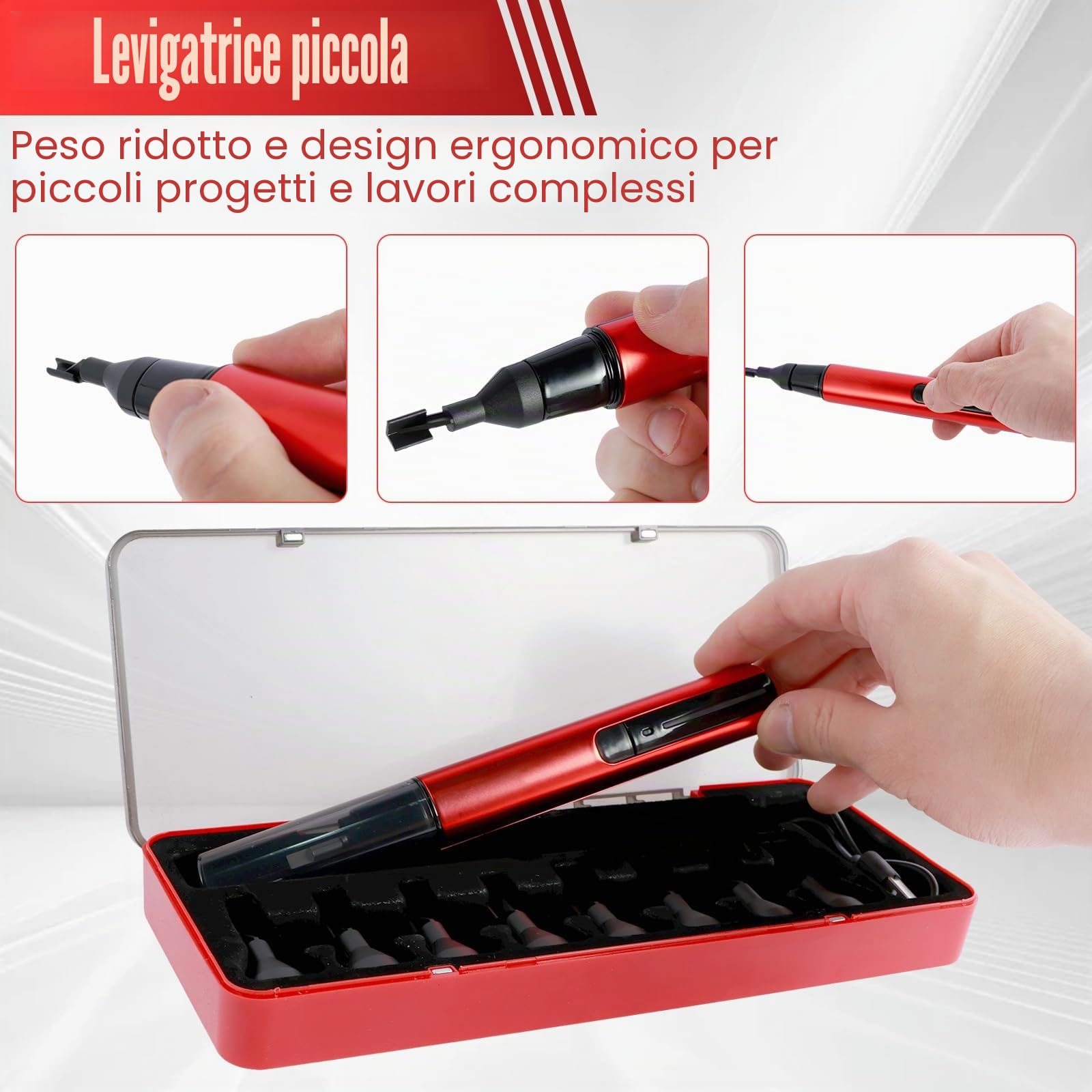 Levigatrice a sciabola con 8 testine abrasive, 12 tipi di carta vetrata, mini penna abrasiva elettrica, protezione sovraccarico, 3 marce, ricarica USB rapida