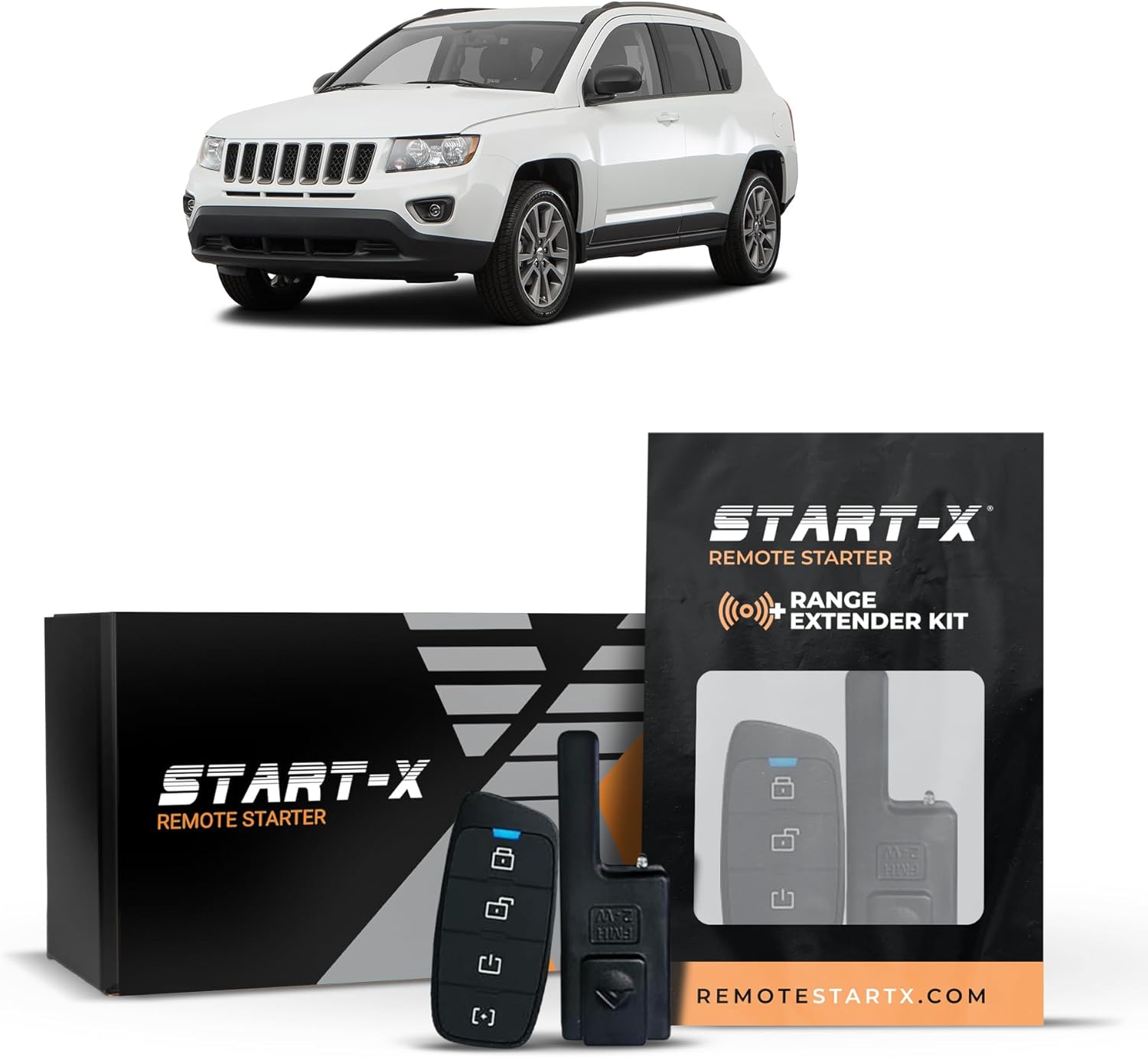 Start-X Remote Starter Kit + 3000ft 2 Way Range Extender for Jeep Compass (2008, 2009, 2010, 2011, 2012, 2013, 2014, 2015, 2016, 2017) Vehicles with Key Ignition